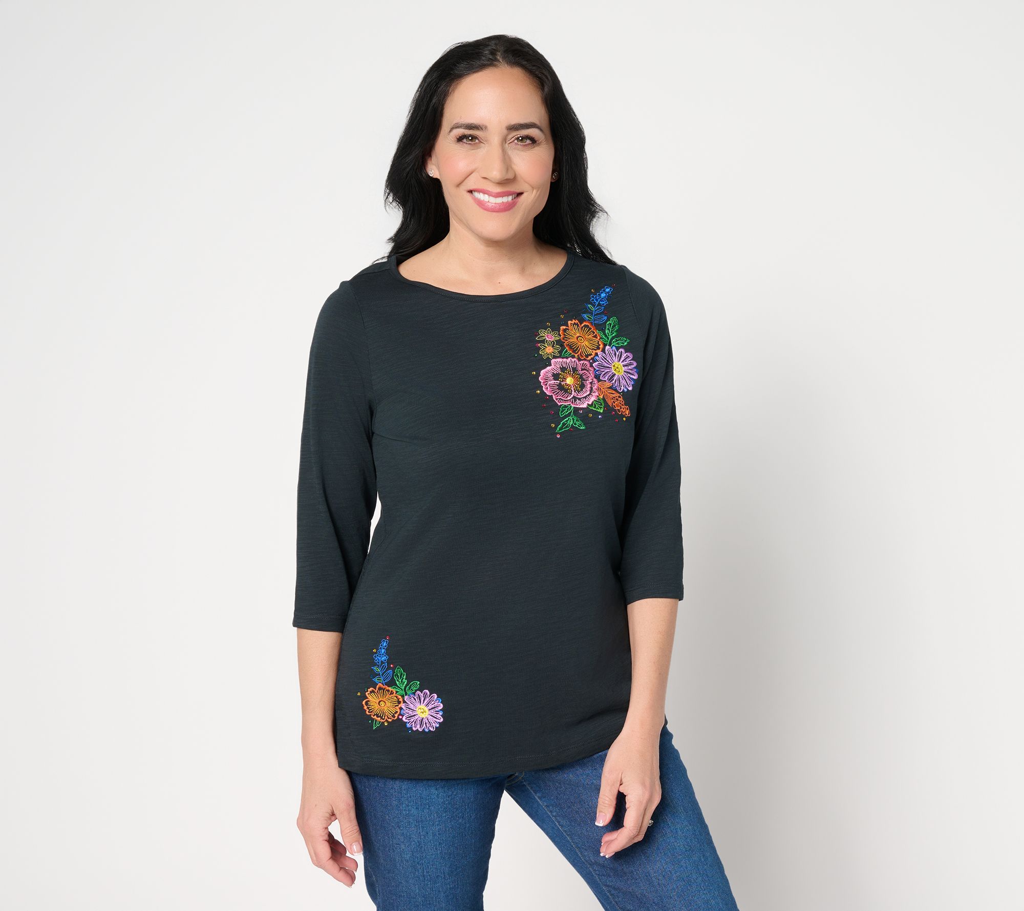 Quacker Factory Fresh Cut Bouquet Bateau 3/4 Sleeve Top