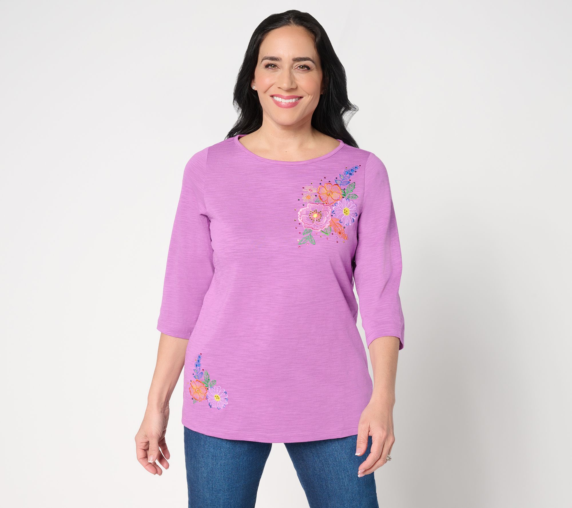 Quacker Factory Fresh Cut Bouquet Bateau 3/4 Sleeve Top