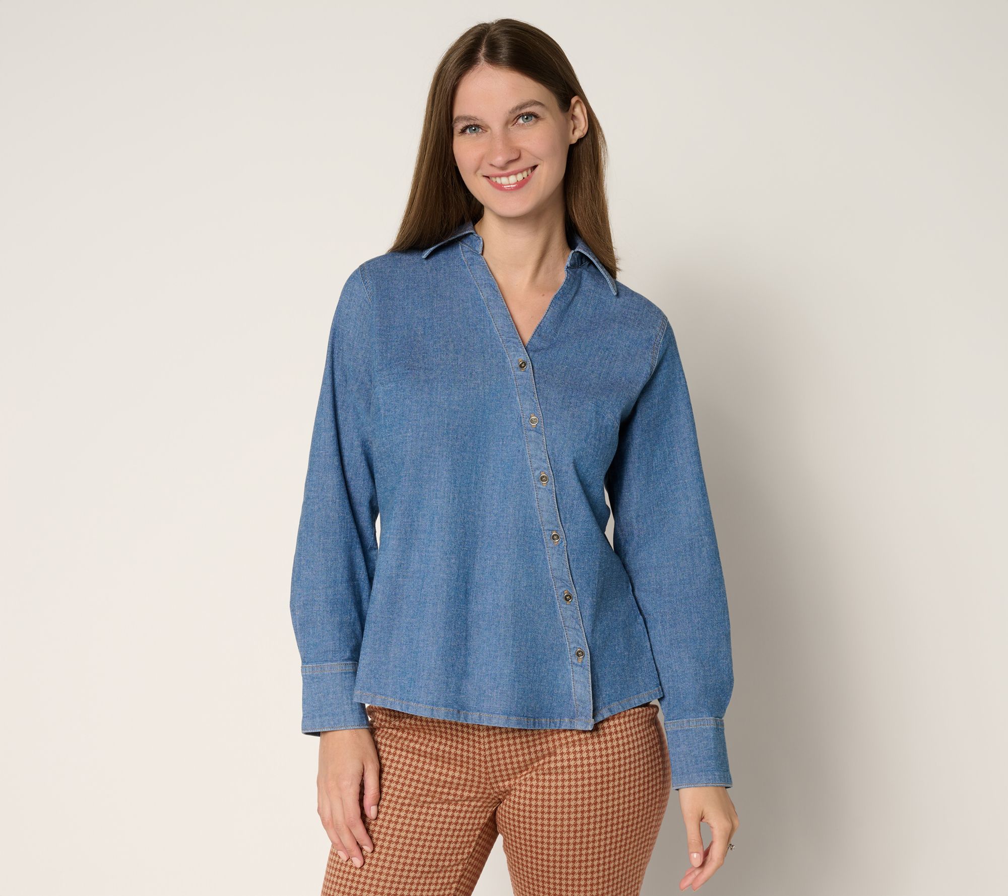 Peace Love World Asymmetric Placket Denim Shirt