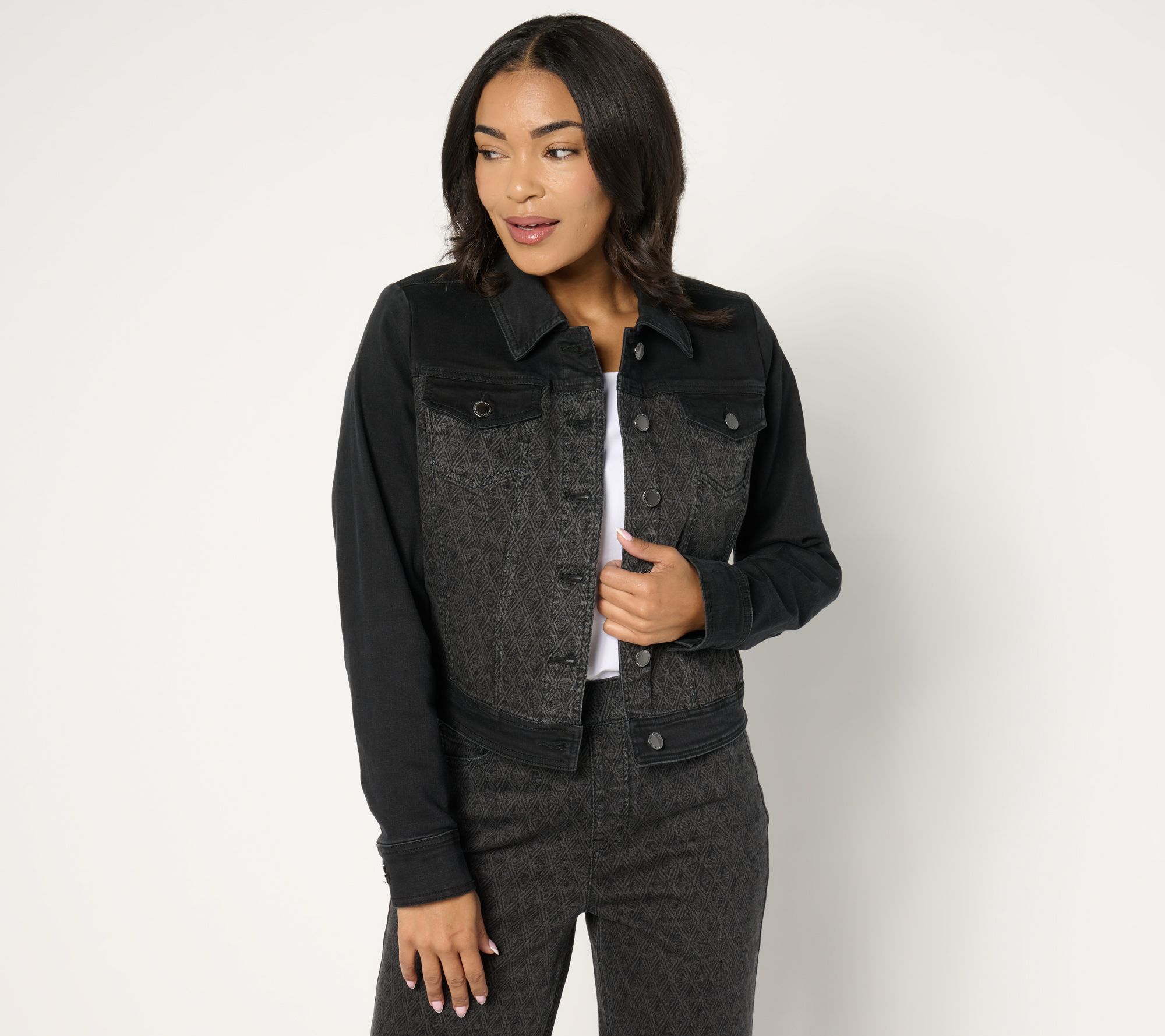 "As Is" Isaac Mizrahi Live! True Denim Black Pattern Denim Jacket