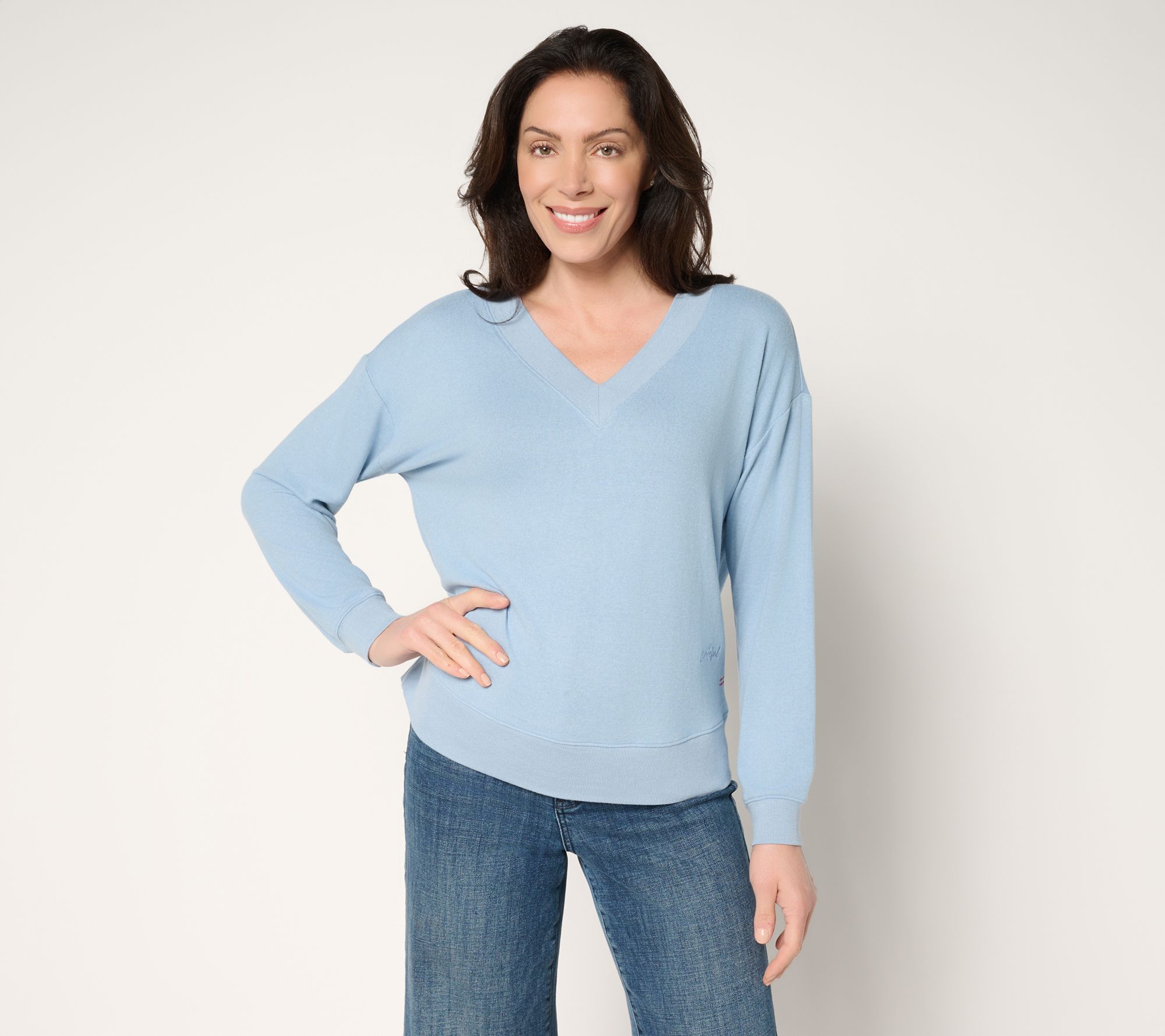 Peace Love World Comfy V-Neck Top with Embroidered Affirmation