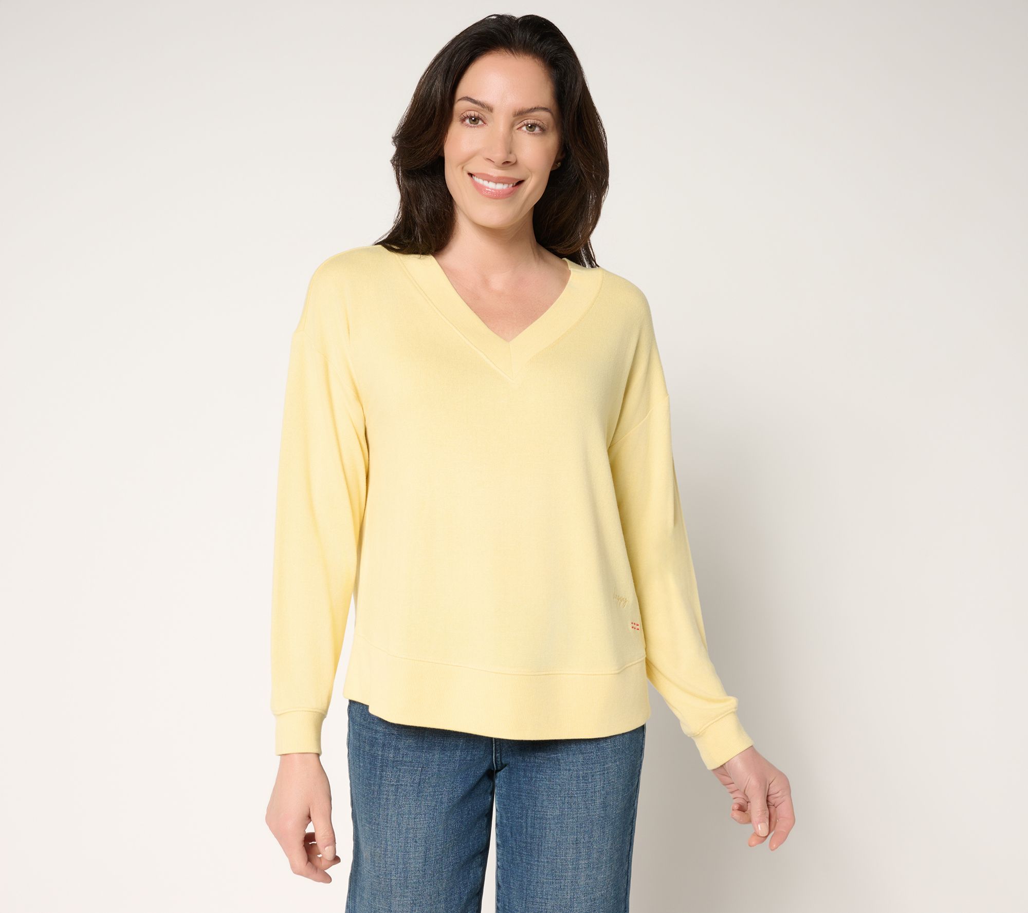 Peace Love World Comfy V-Neck Top with Embroidered Affirmation