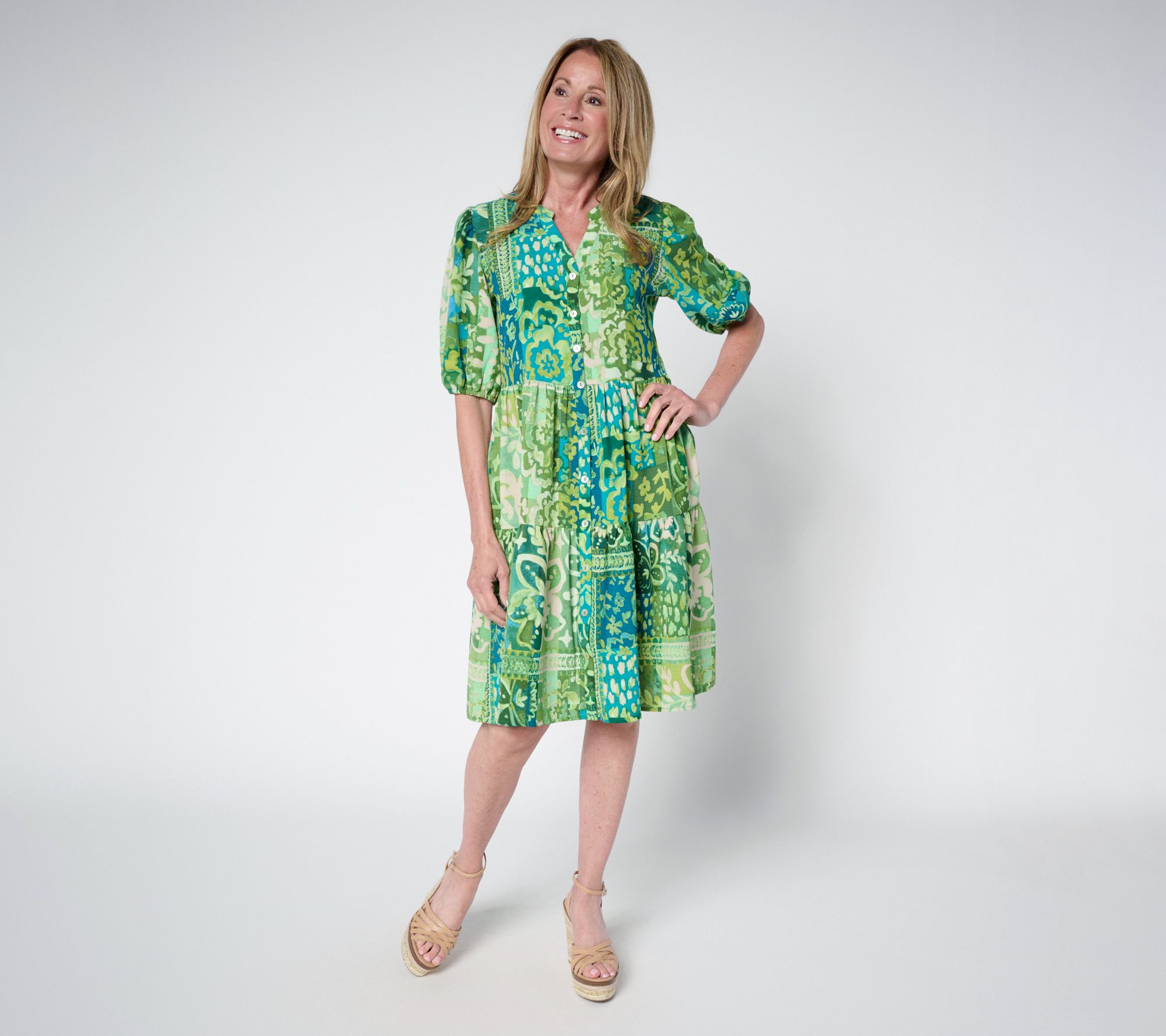 Susan Graver Regular Printed St. Tropez Button Front Dress