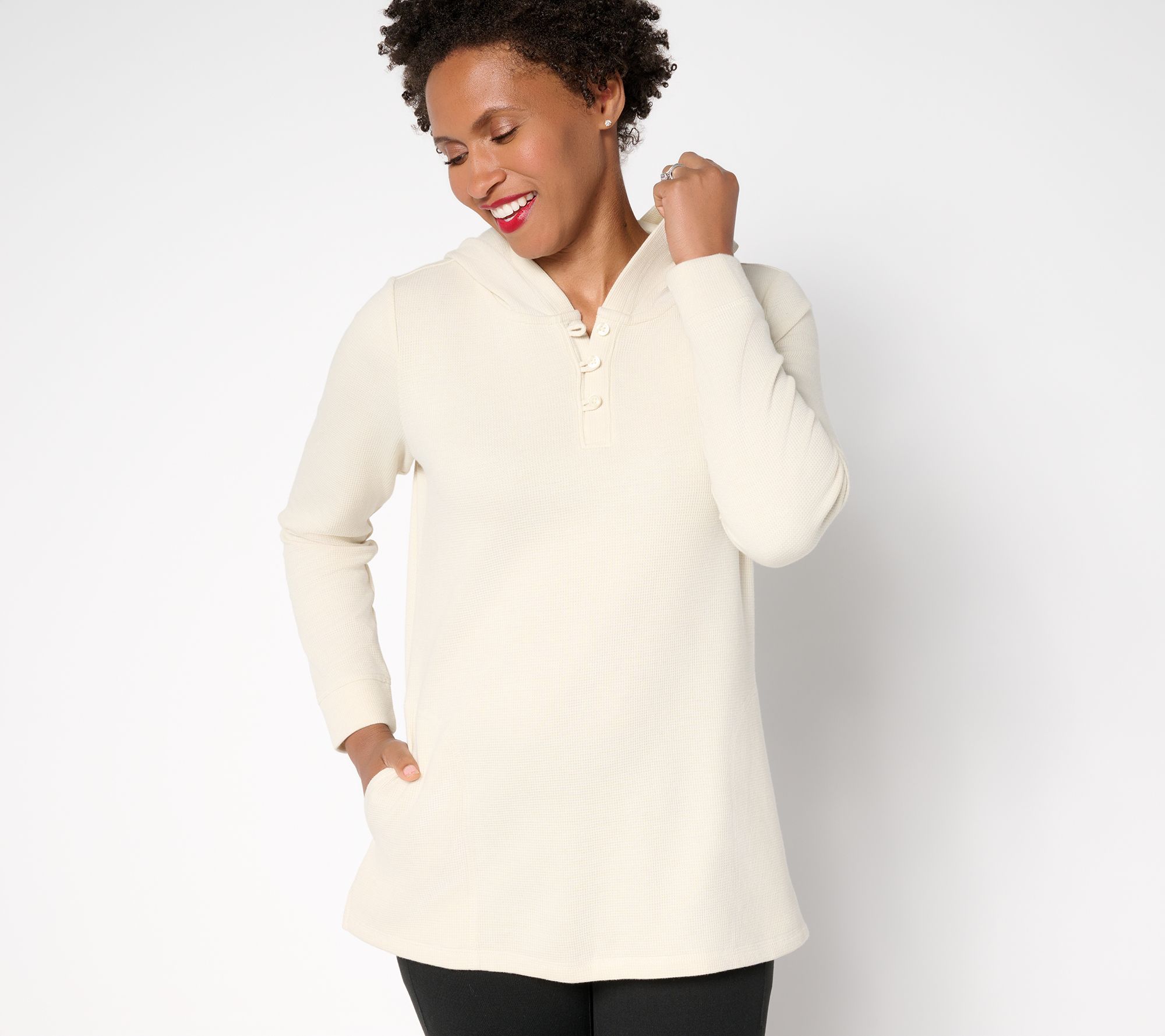 Denim & Co. Active Petite Waffle Knit Hooded Henley Tunic