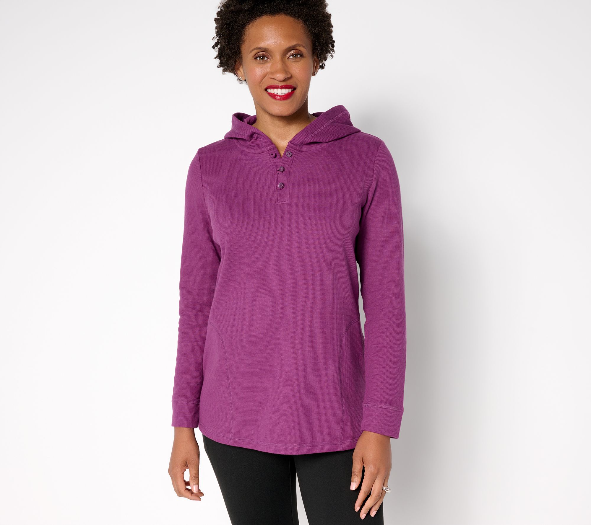 Denim & Co. Active Petite Waffle Knit Hooded Henley Tunic