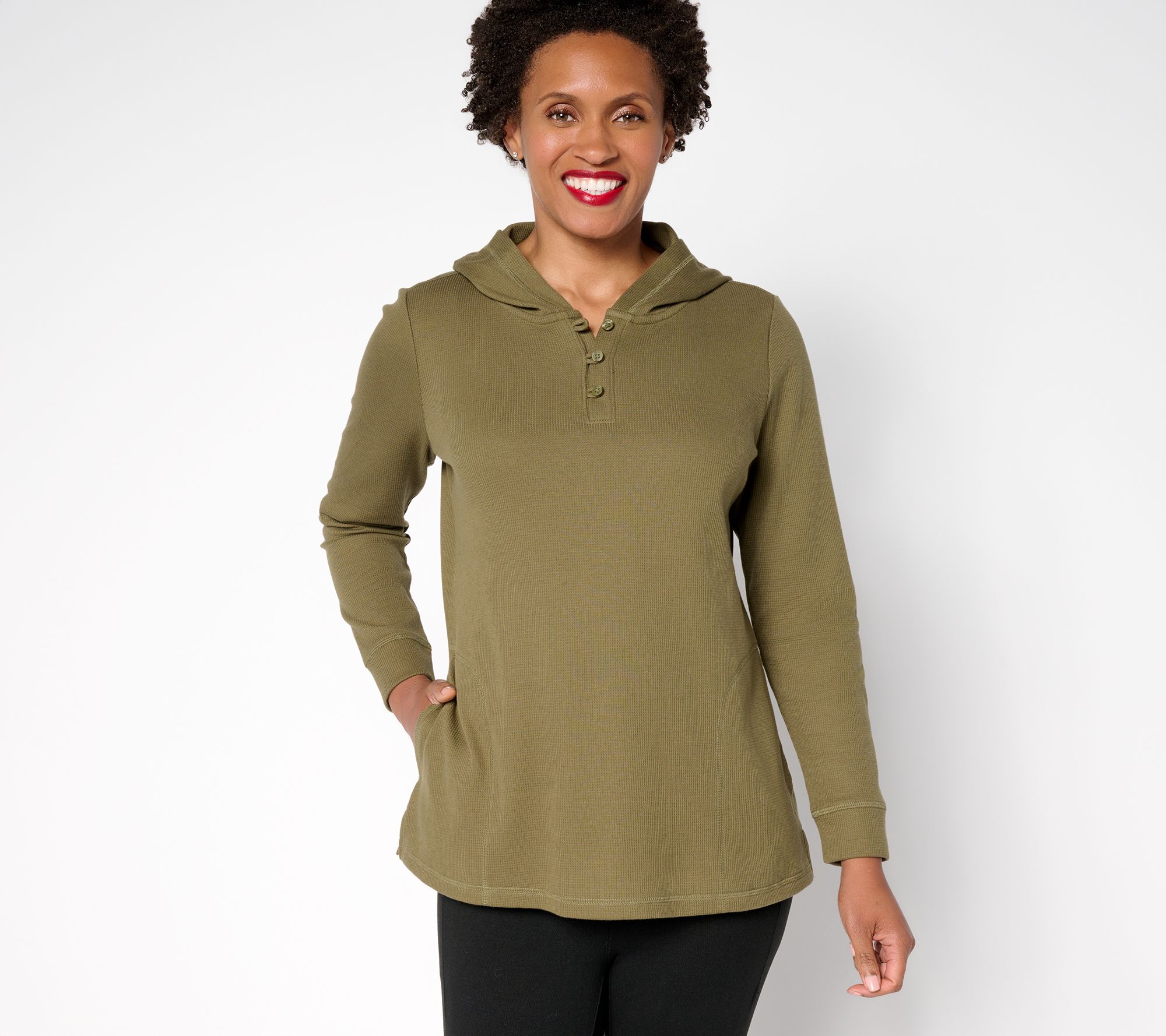 Denim & Co. Active Petite Waffle Knit Hooded Henley Tunic