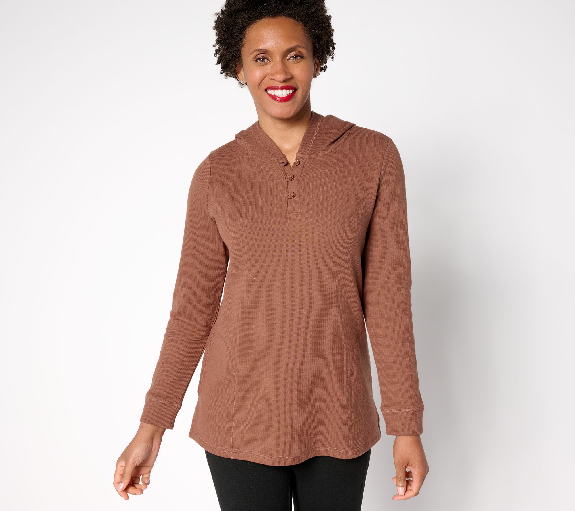 Denim & Co. Active Petite Waffle Knit Hooded Henley Tunic