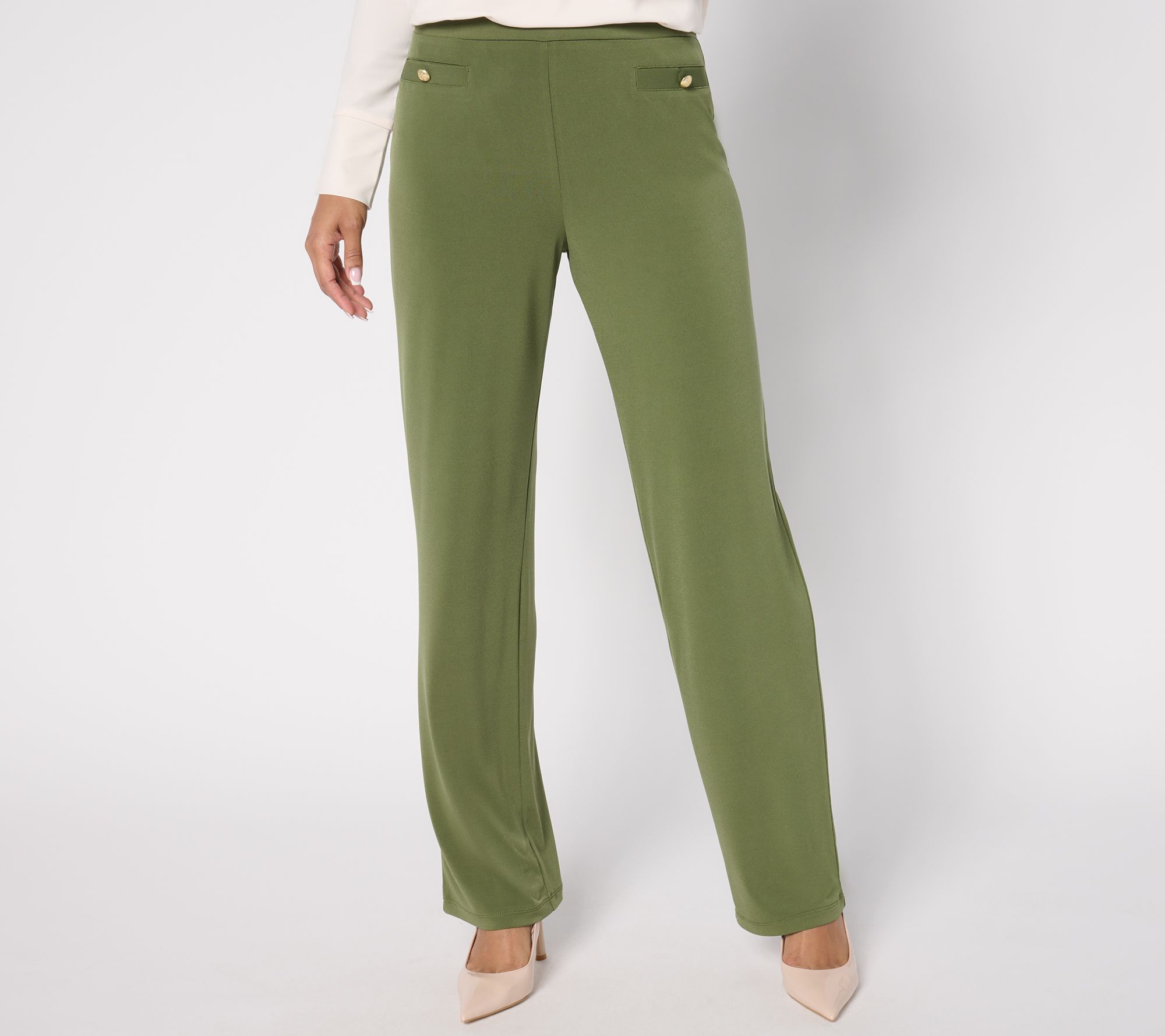 "As Is" Susan Graver Regular Liquid Knit Straight Leg Pants w/ Button