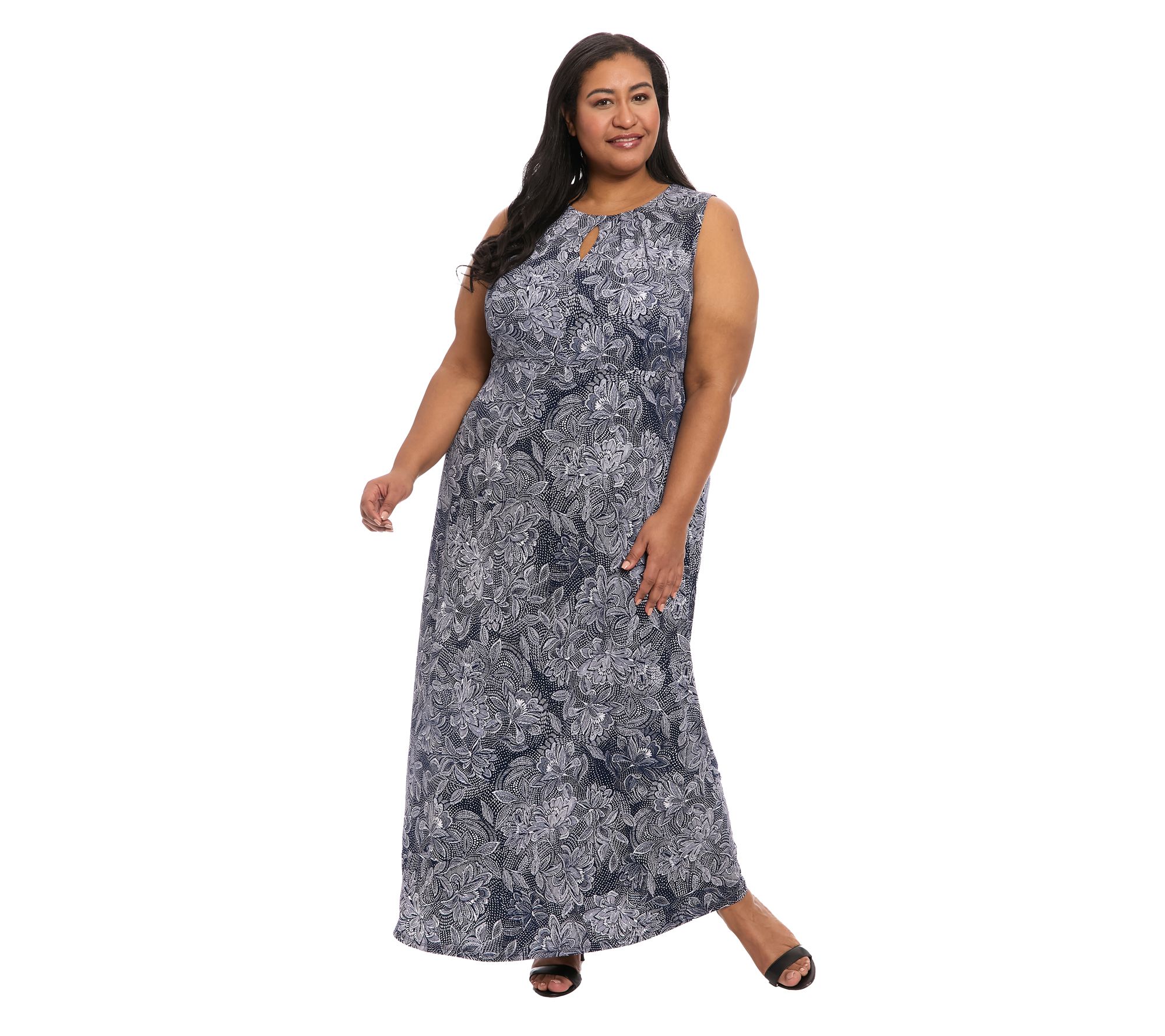 London Times Printed Jersey Keyhole Neckline Maxi Dress