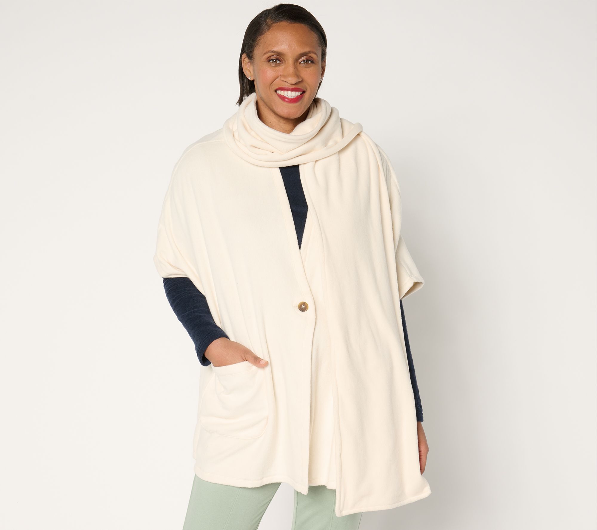"As Is" Cuddl Duds Fleecewear with Stretch Open Wrap with Removable Scarf