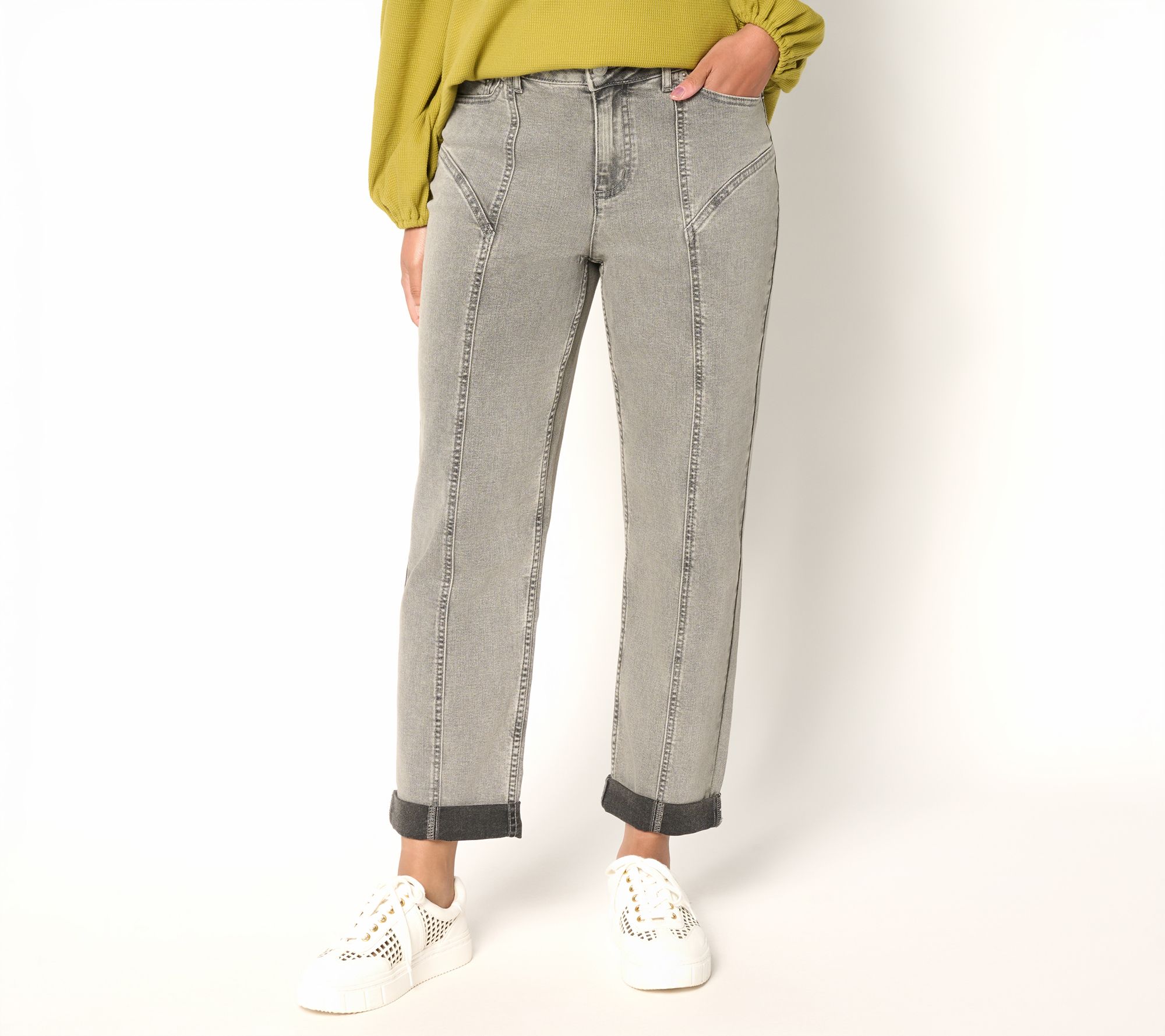 LOGO by Lori Goldstein Petite Grey Wash Seamed Boyfriend Jeans