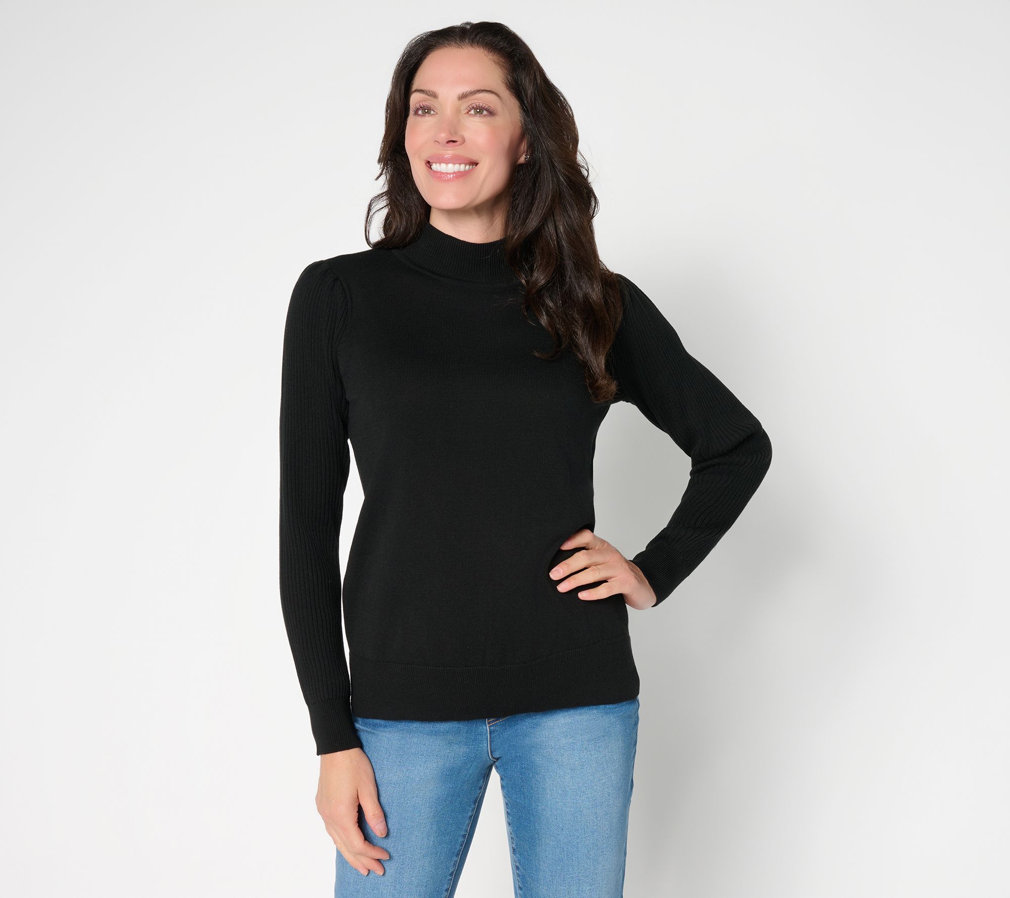 Belle by Kim Gravel Ribbed Blouson Sleeve Mock Neck Sweater