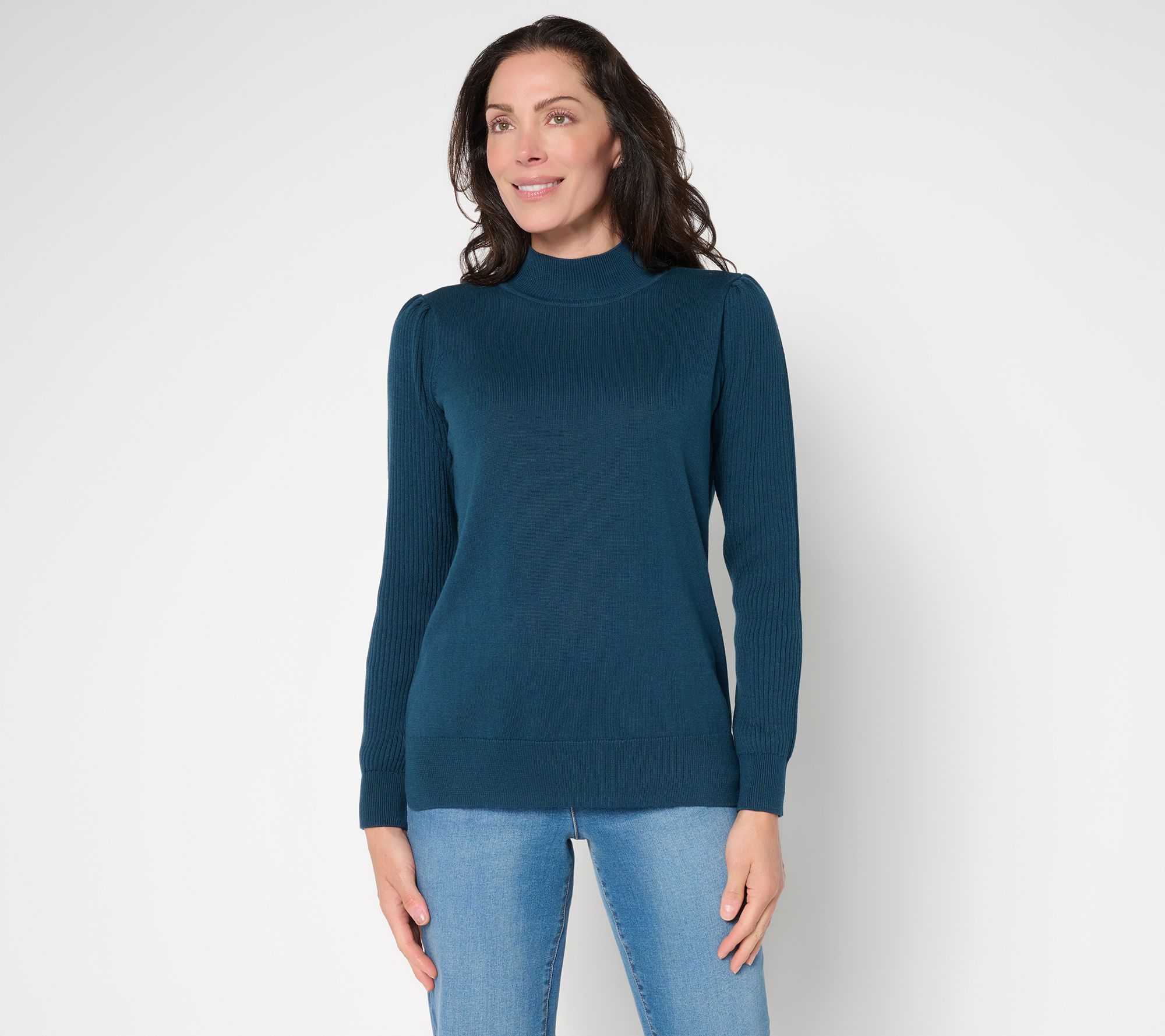 Belle by Kim Gravel Ribbed Blouson Sleeve Mock Neck Sweater