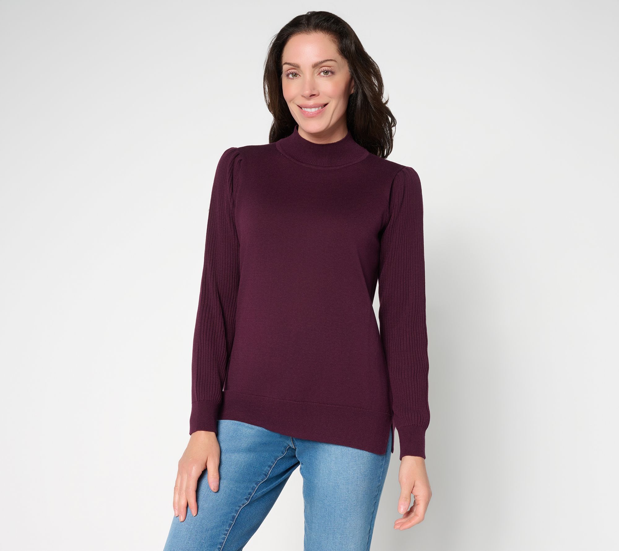Belle by Kim Gravel Ribbed Blouson Sleeve Mock Neck Sweater
