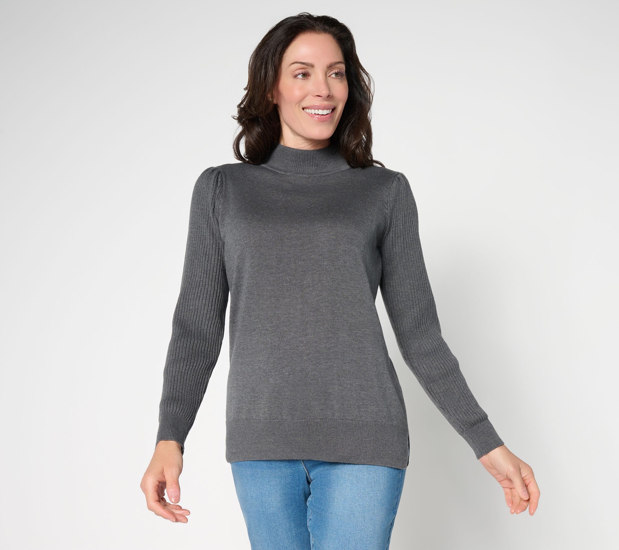 Belle by Kim Gravel Ribbed Blouson Sleeve Mock Neck Sweater
