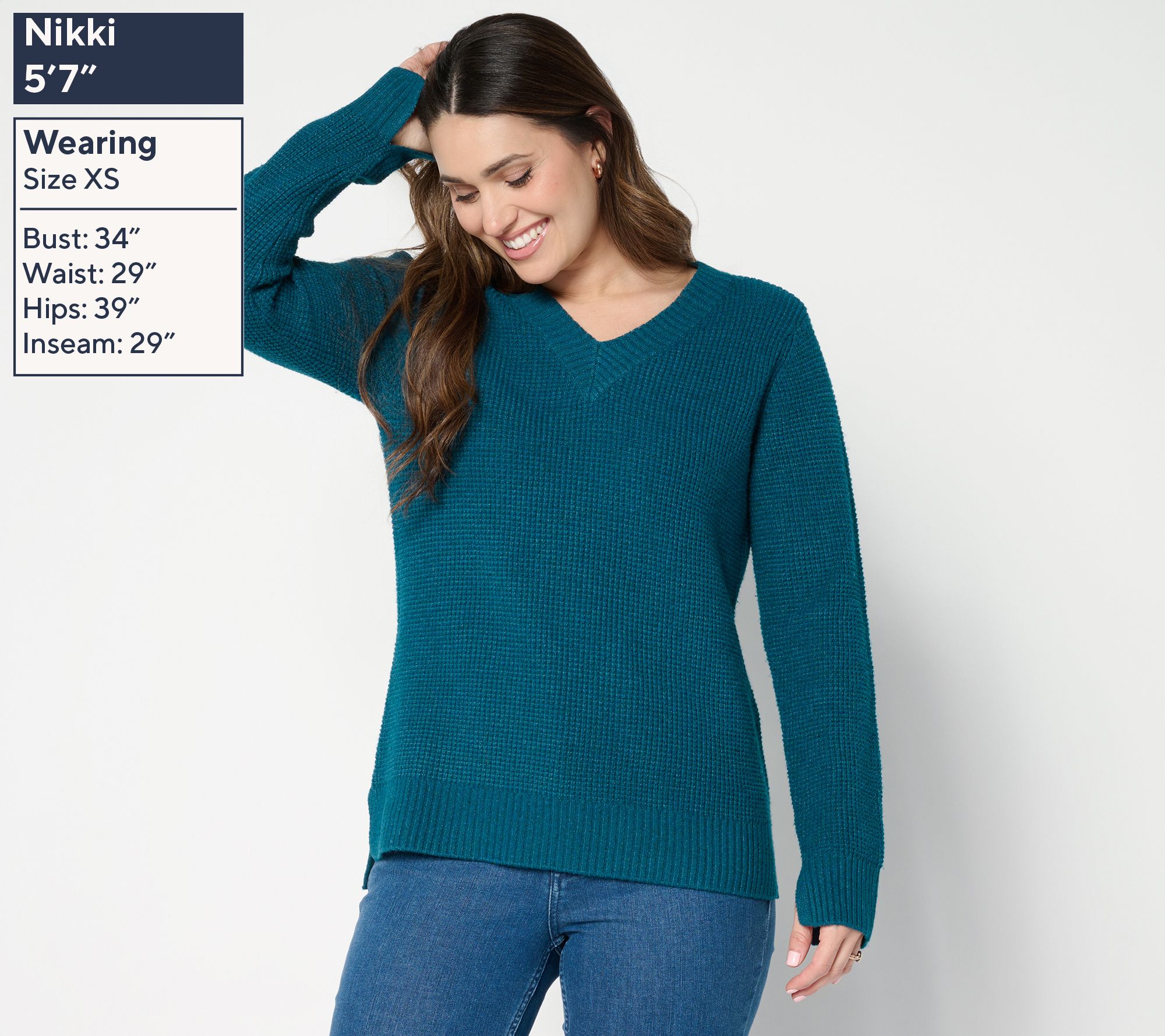 Denim Waffle Stitch V- Neck Long Sleeve Sweater