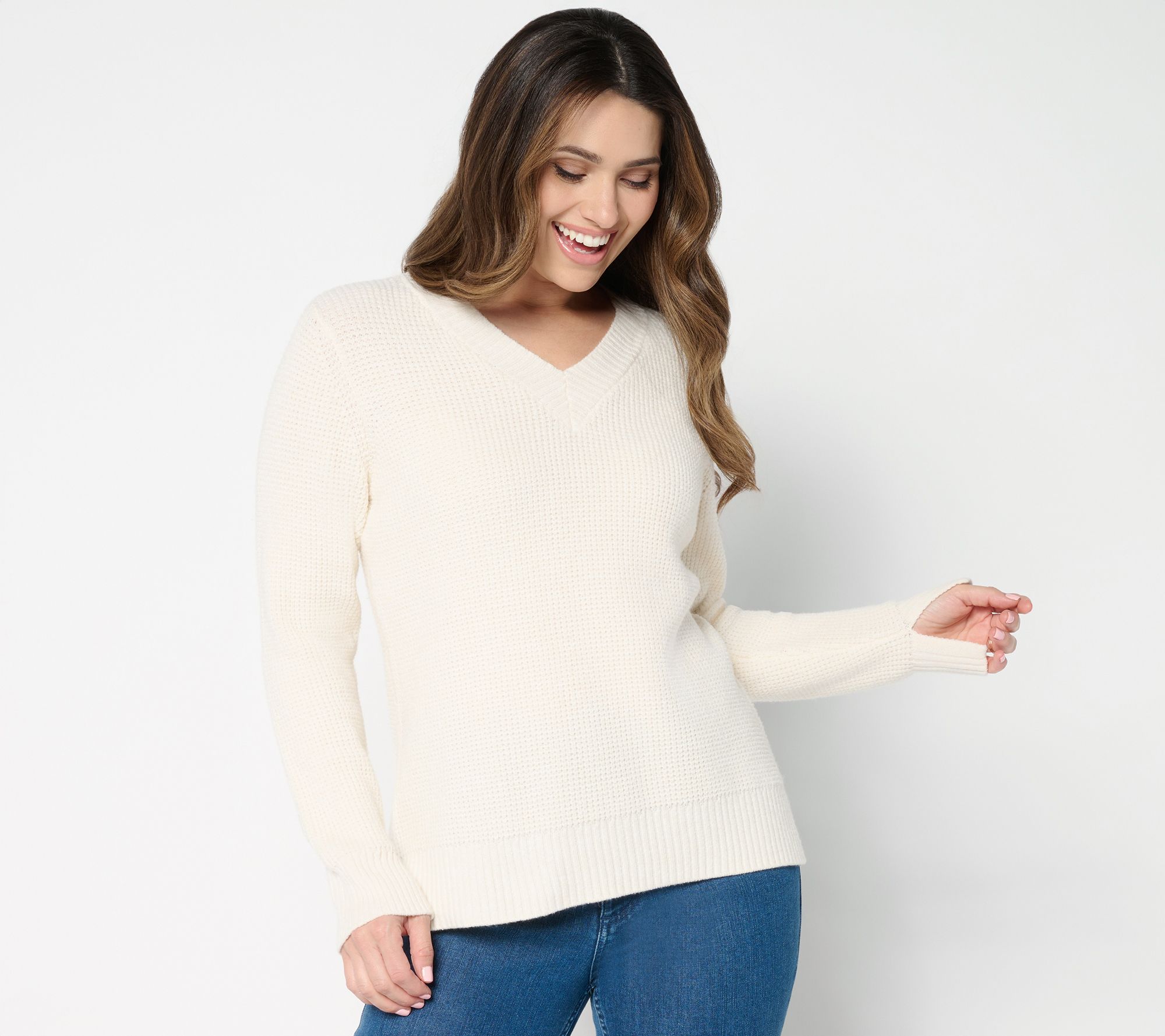 Denim & Co. Waffle Stitch V- Neck Long Sleeve Sweater