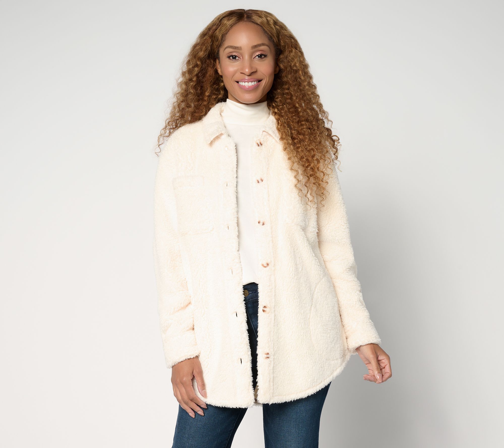 Belle by Kim Gravel Petite SophisticChic Horn Button Sherpa Shacket