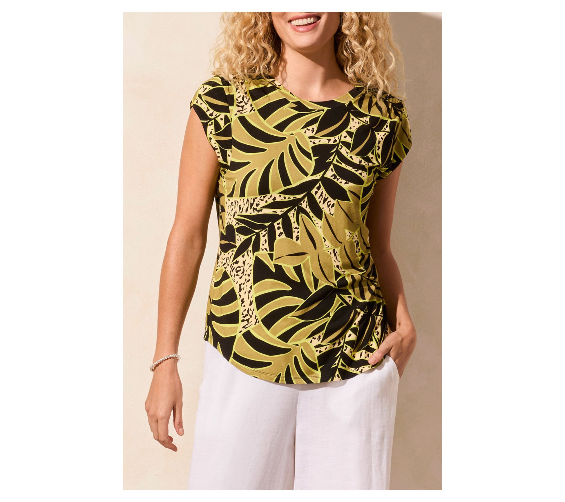 Tribal Cap-Sleeve Crewneck Jersey Top