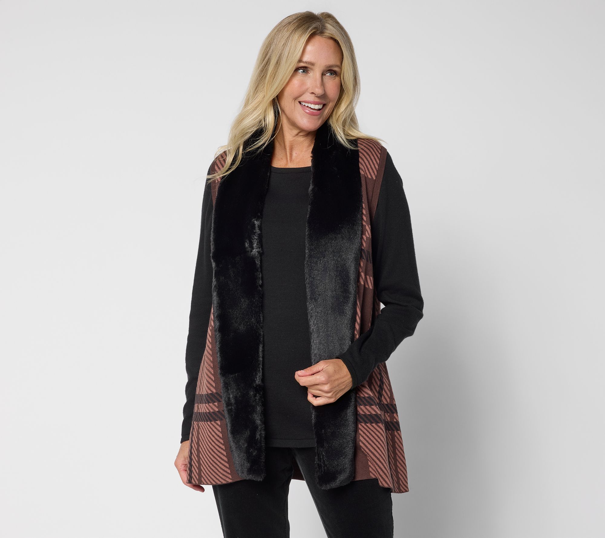 Denim & Co. Jacquard Plaid Faux Fur Trim Vest