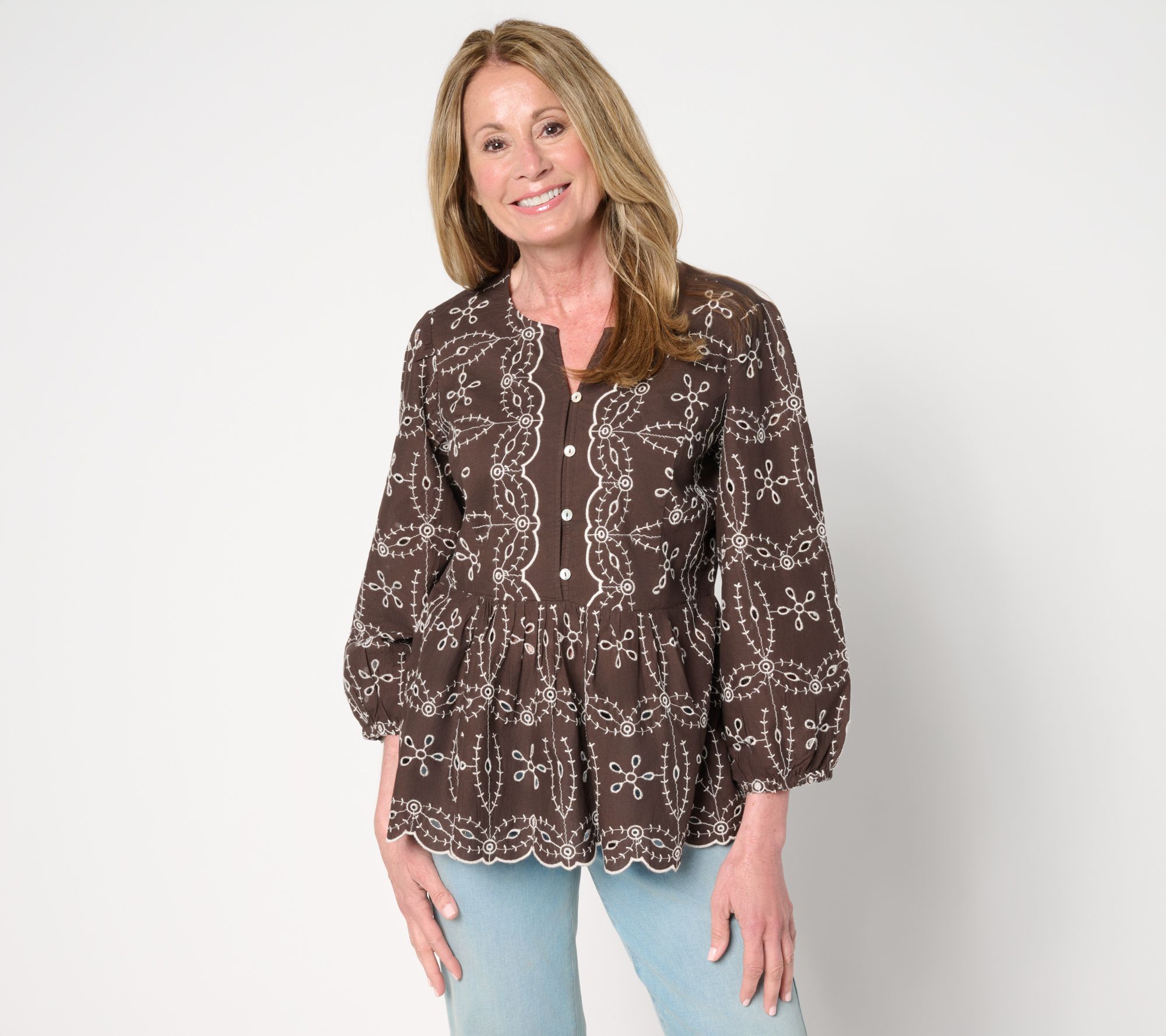 "As Is" LOGO Lavish by Lori Goldstein 100% Cotton Eyelet Peplum Blouse