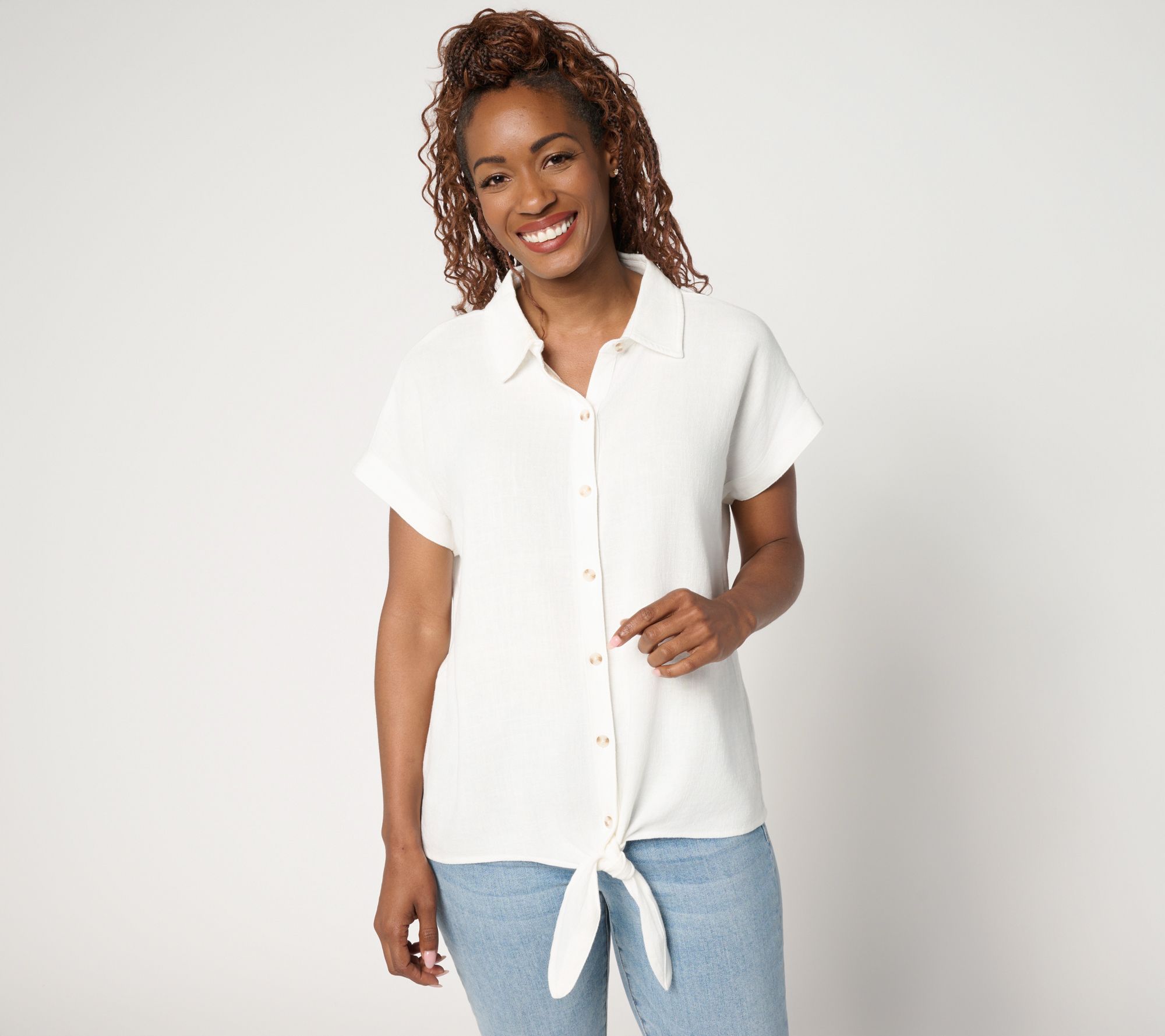 "As Is" Belle by Kim Gravel Riviera Linen Short Sleeve Tie Front Top