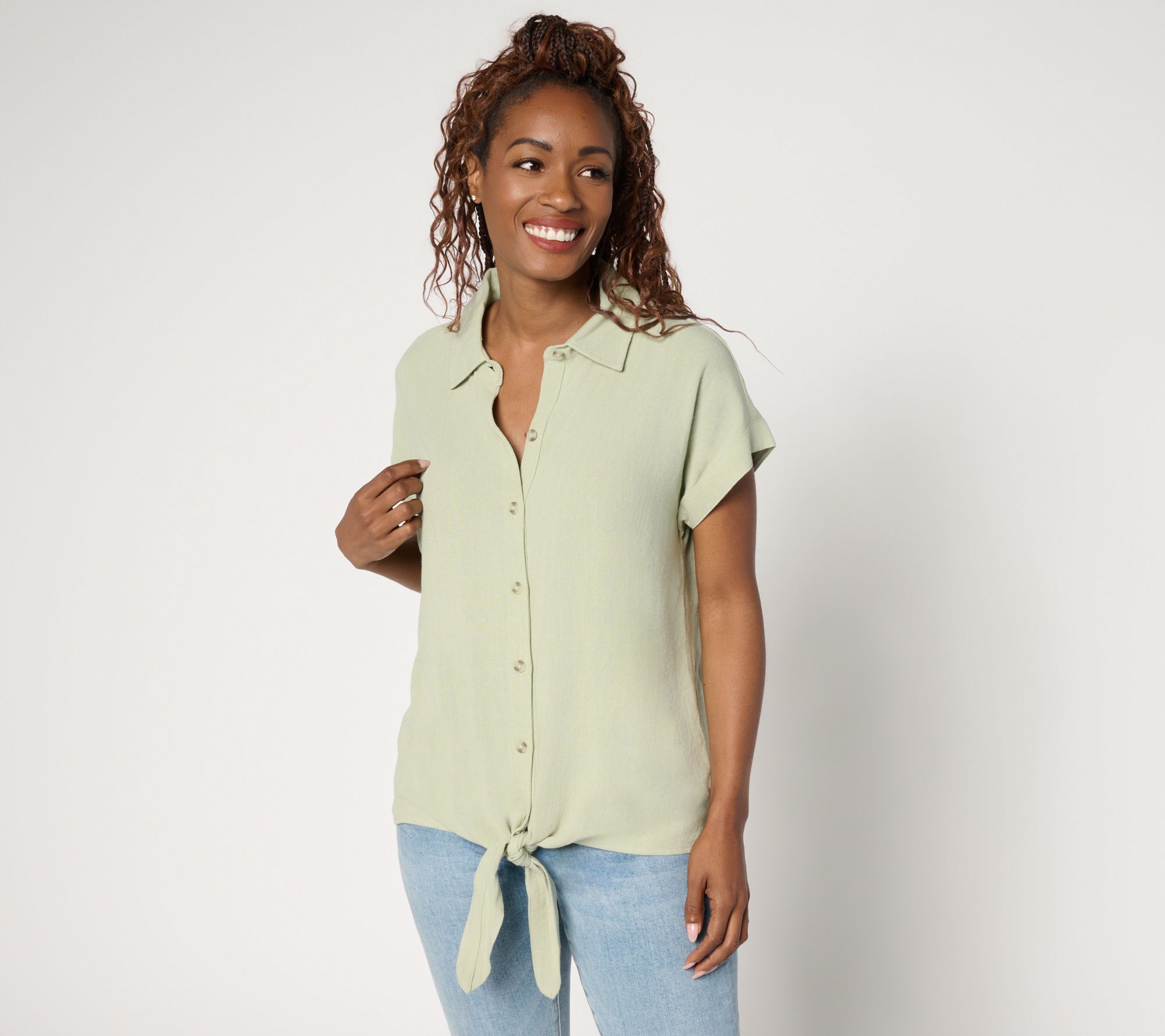 "As Is" Belle by Kim Gravel Riviera Linen Short Sleeve Tie Front Top