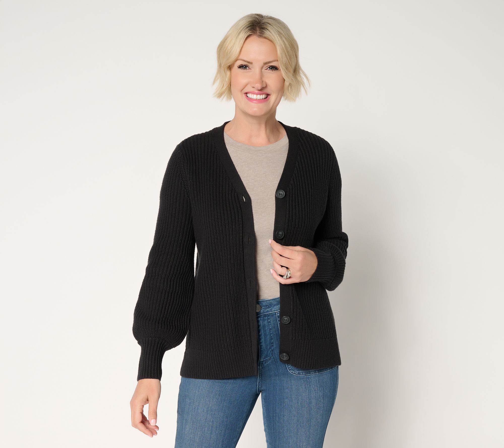 "As Is" Belle by Kim Gravel Chunky Shaker Knit Bishop Sleeve Cardigan