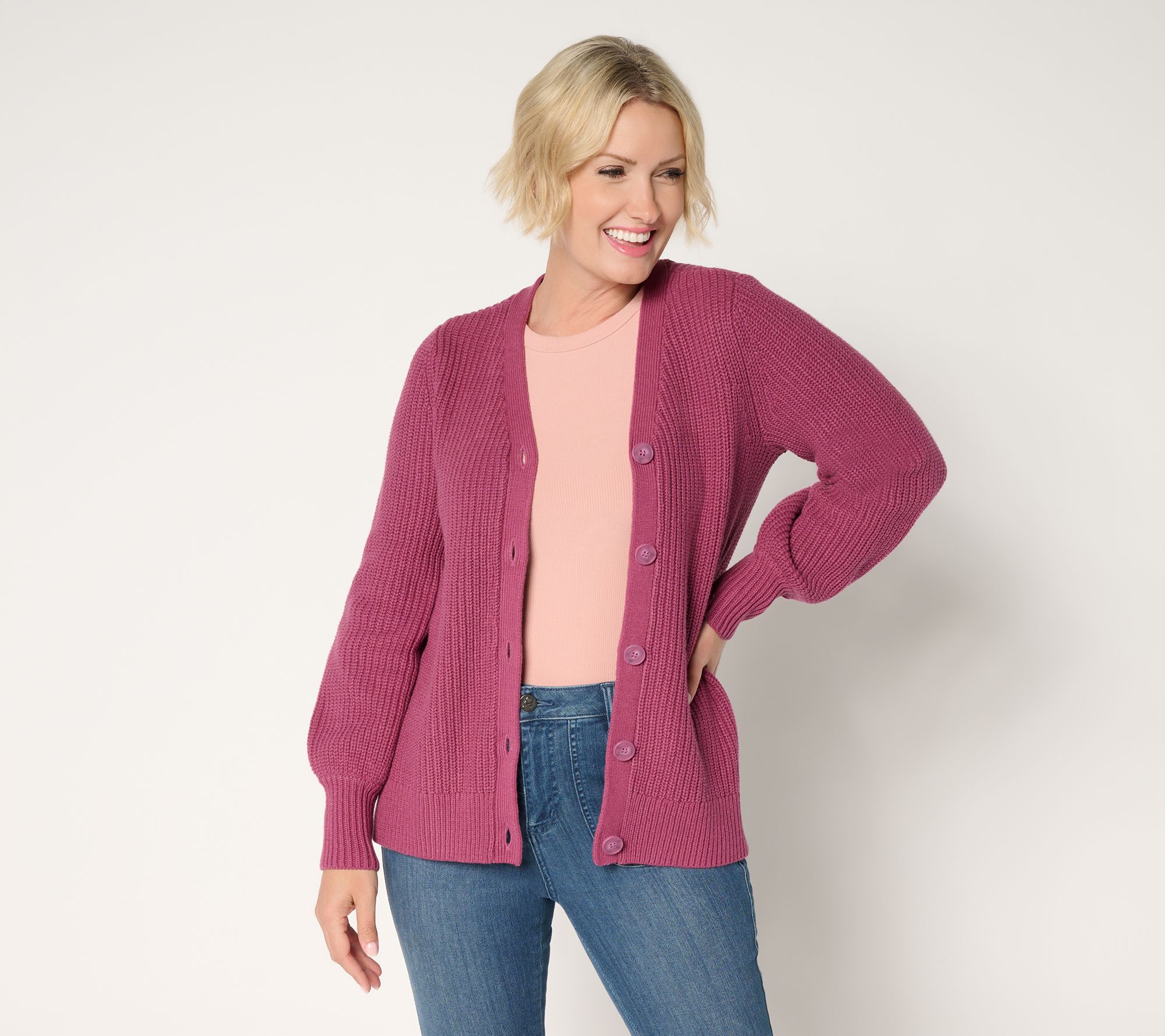 "As Is" Belle by Kim Gravel Chunky Shaker Knit Bishop Sleeve Cardigan