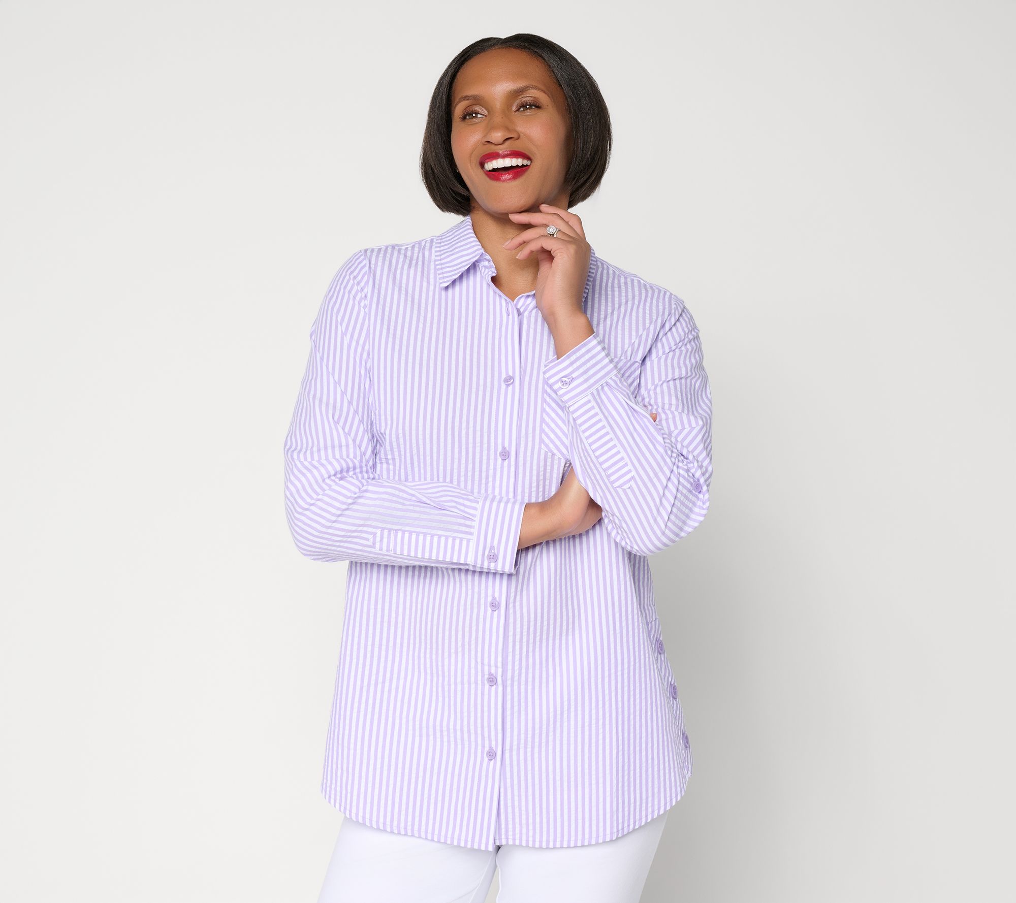 Joan Rivers Regular Seersucker Boyfriend Shirt w/ Button Side