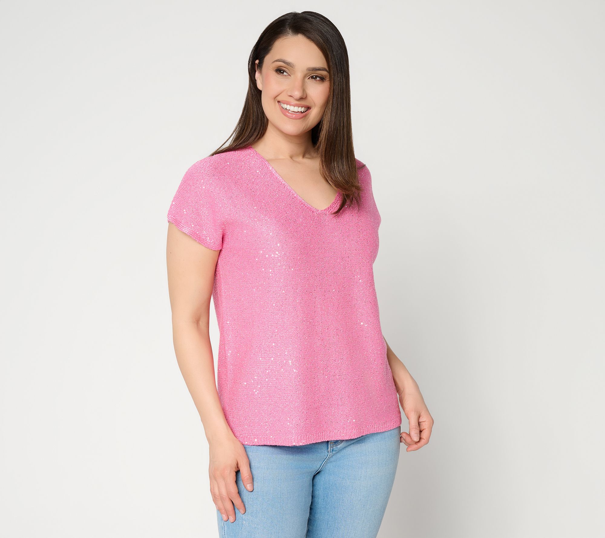 Susan Graver Sequin V-Neck Extended Sleeve Knit Top