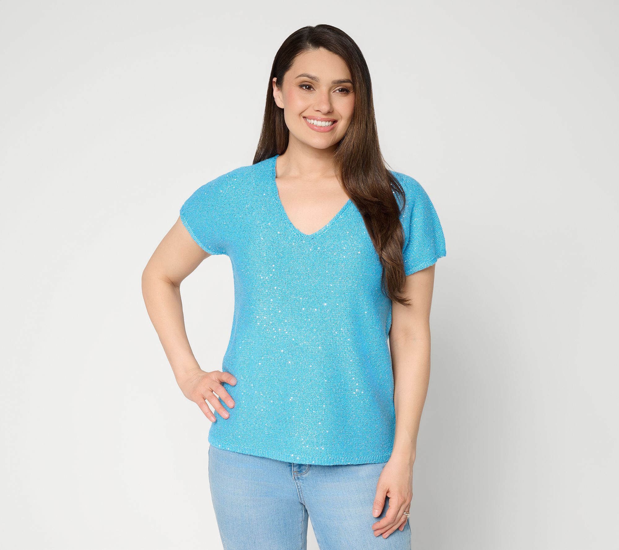 Susan Graver Sequin V-Neck Extended Sleeve Knit Top