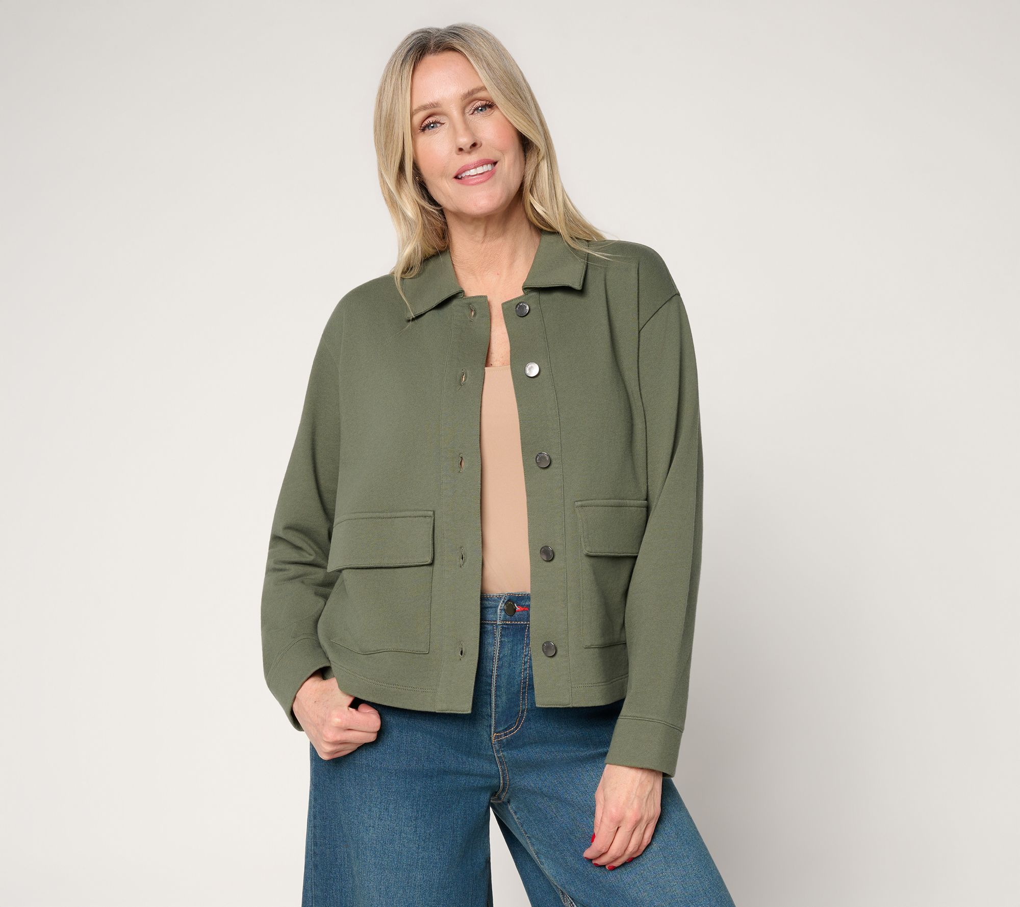 Peace Love World Button Front Utility Jacket w/Patch Pockets