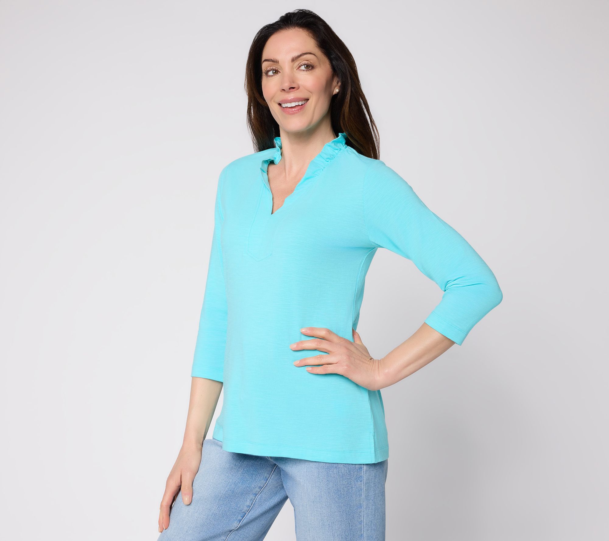 Belle by Kim Gravel Slub Knit Frill Seeker 3/4 Sleeve Top