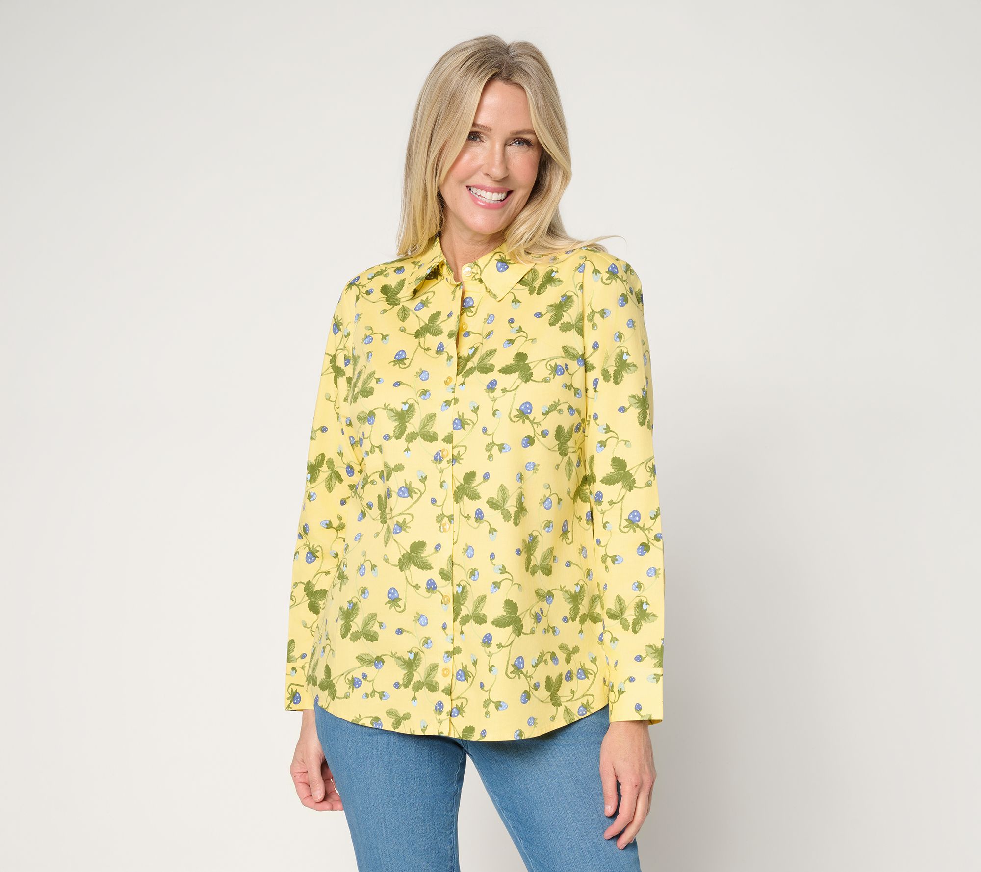 "As Is" Denim & Co. Printed Button Front Long Sleeve Poplin Top