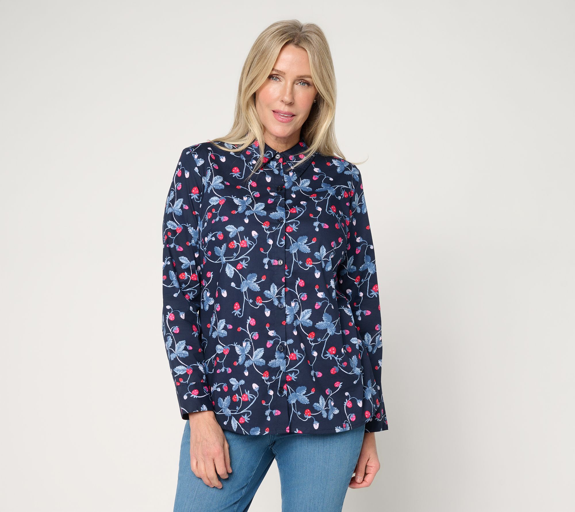 "As Is" Denim & Co. Printed Button Front Long Sleeve Poplin Top