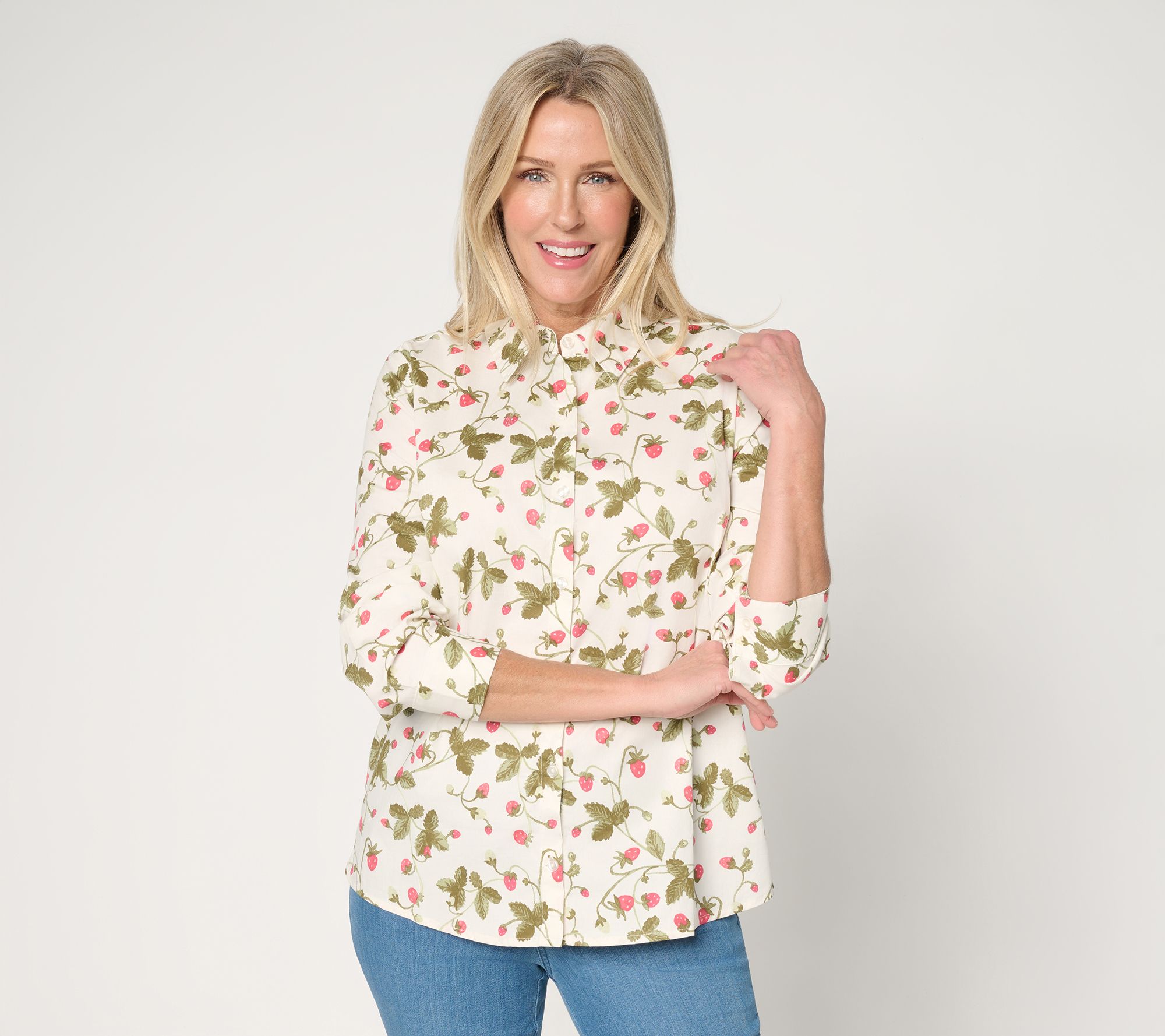 "As Is" Denim & Co. Printed Button Front Long Sleeve Poplin Top