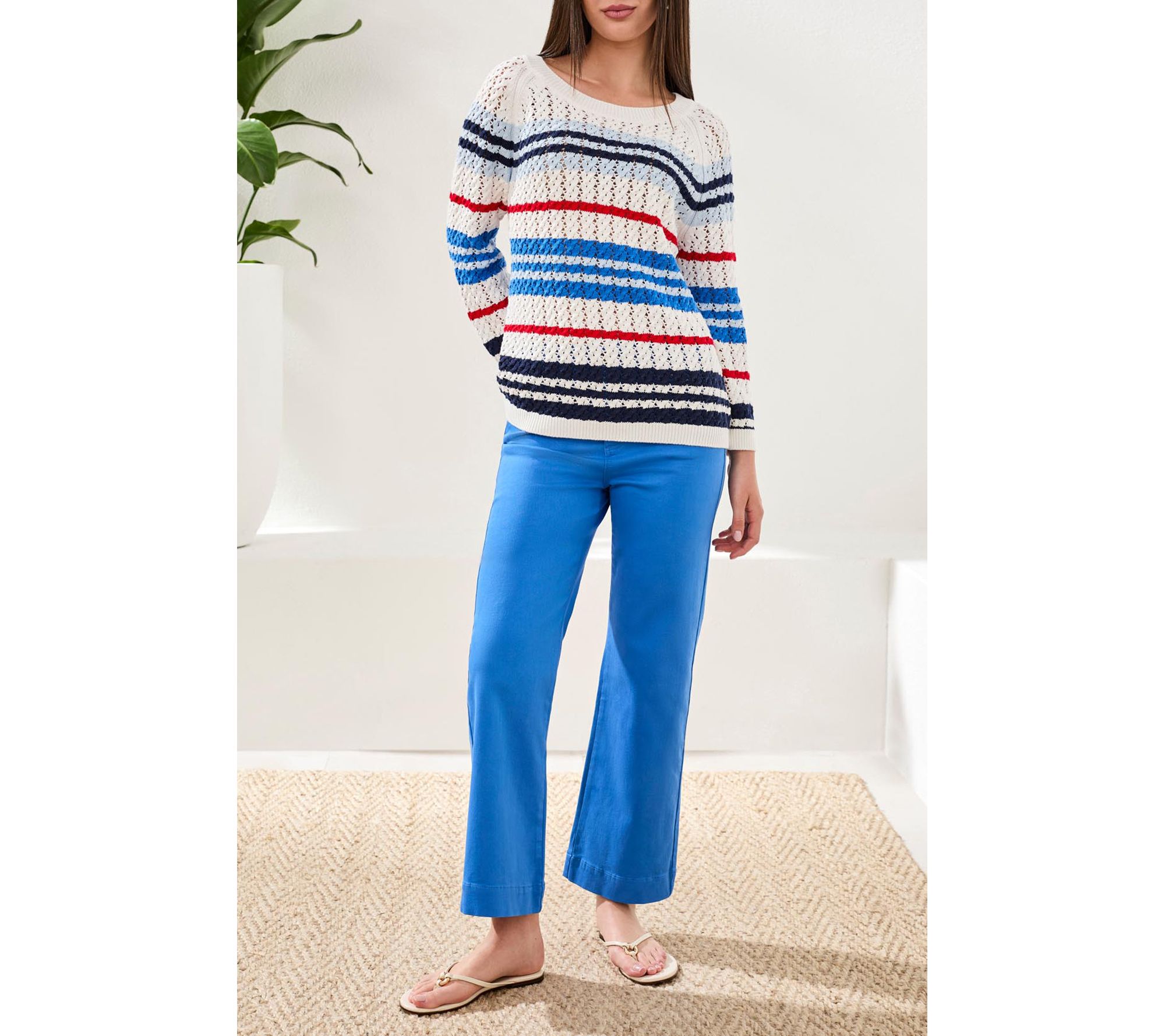 Tribal Striped Cotton Crew Neck Sweater With Cable Detail