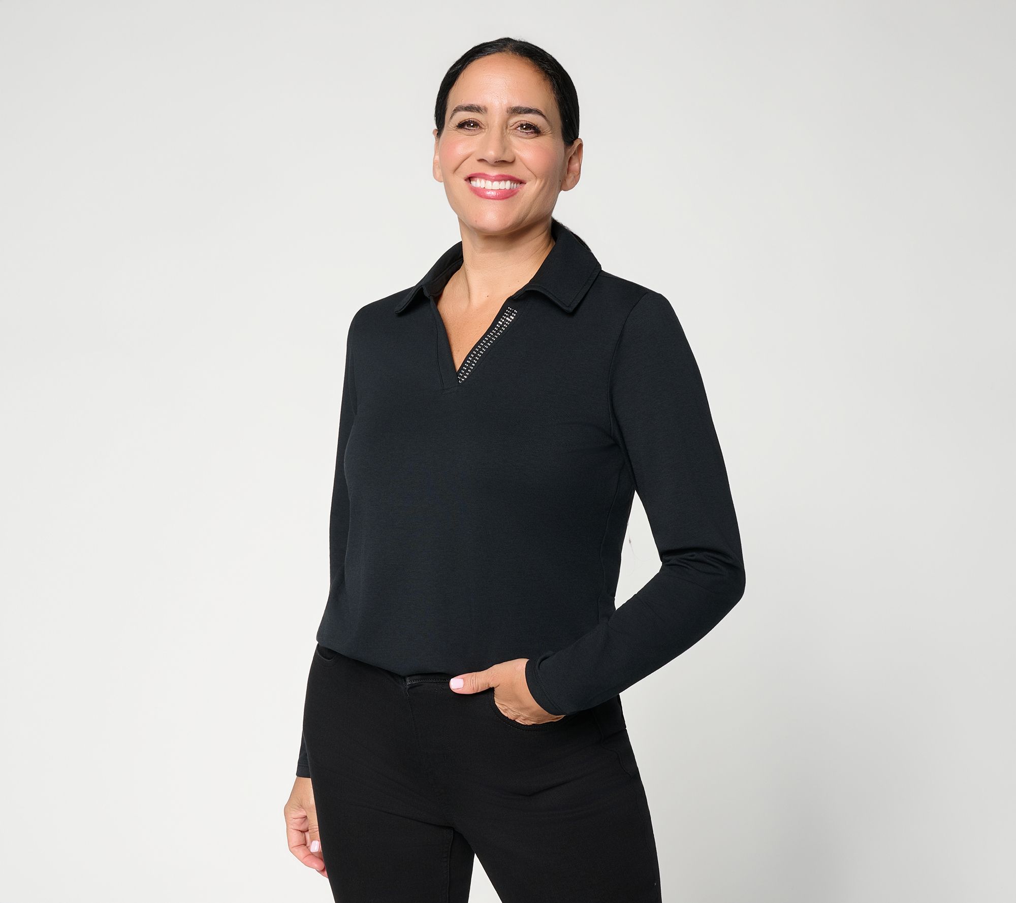 Denim & Co. Favorite Jersey Collared Split Neck Long Sleeve Top