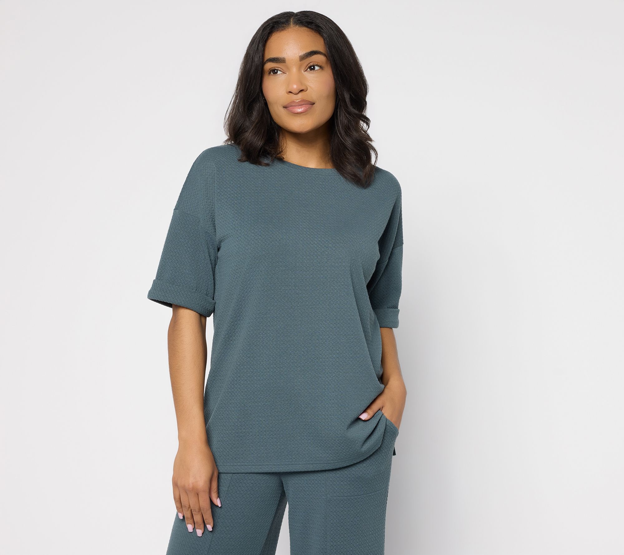 "As Is" Denim & Co. Active Textured Jacquard Drop Shoulder Top