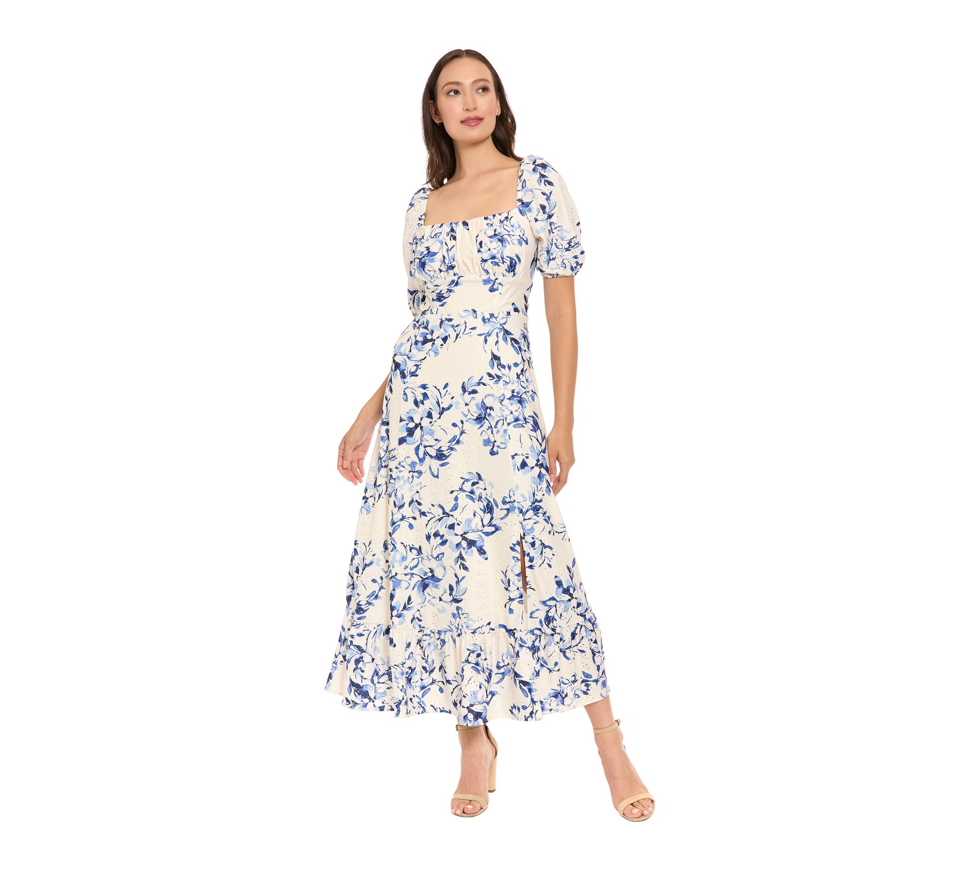 LONDON TIMES SCROLL EYELET PRINTED PUFF SLEEVERUCHED EMPIRE
