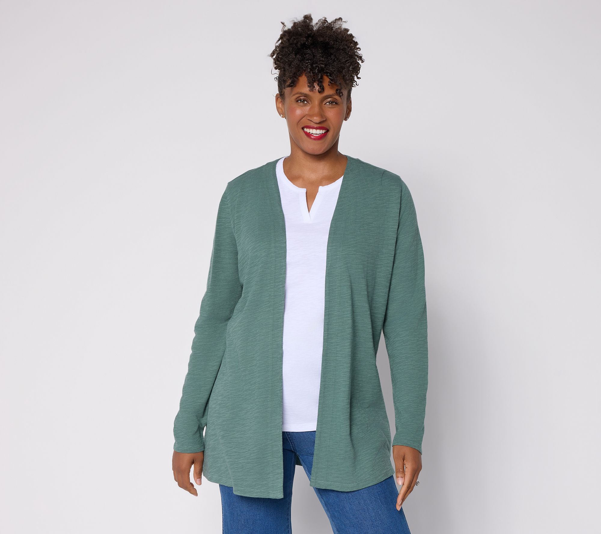 "As Is" Denim & Co. Reg Cotton Slub Open Front Cardigan