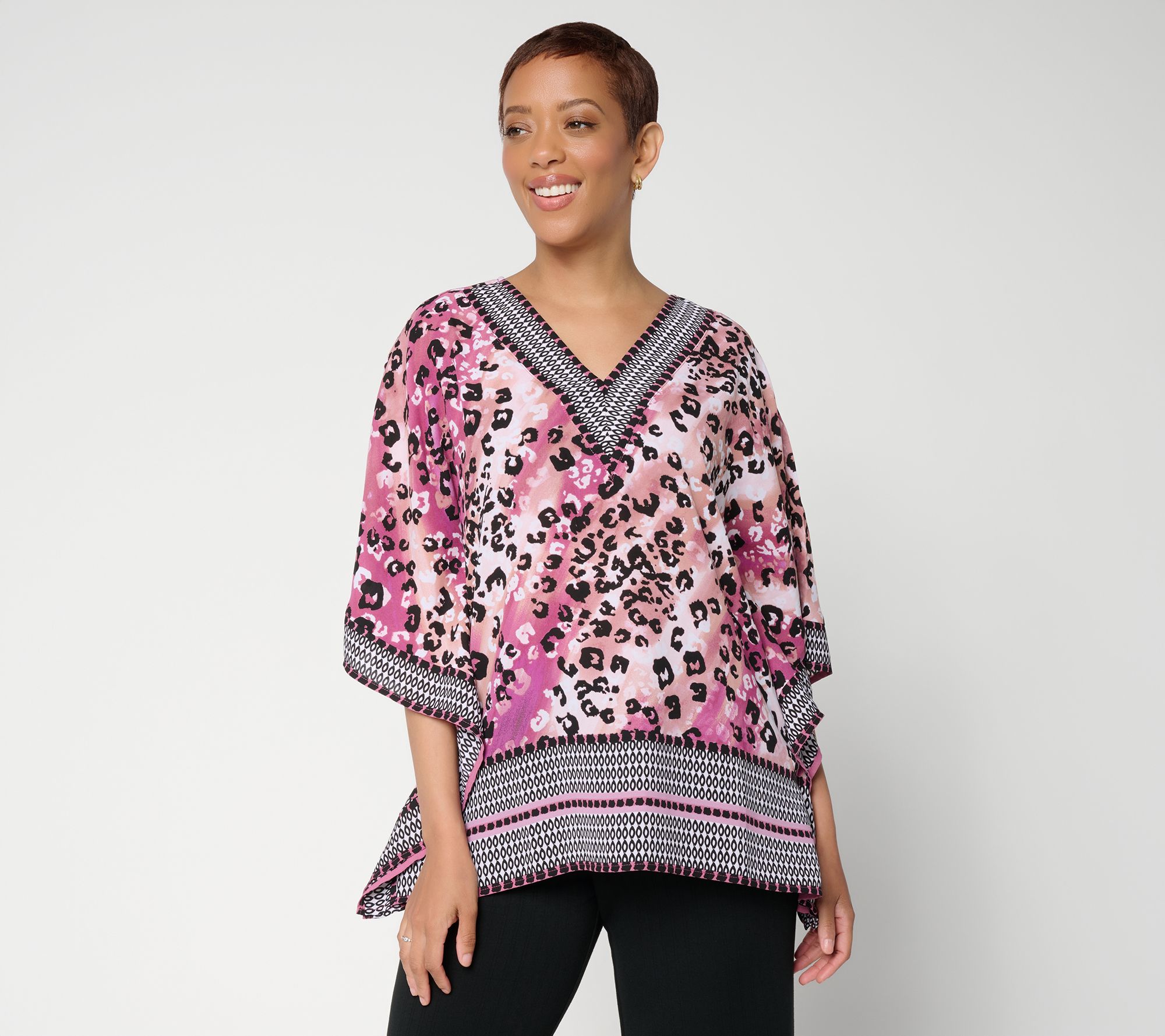 "As Is" Belle by Kim Gravel Luxe Leopard Border Print Poncho