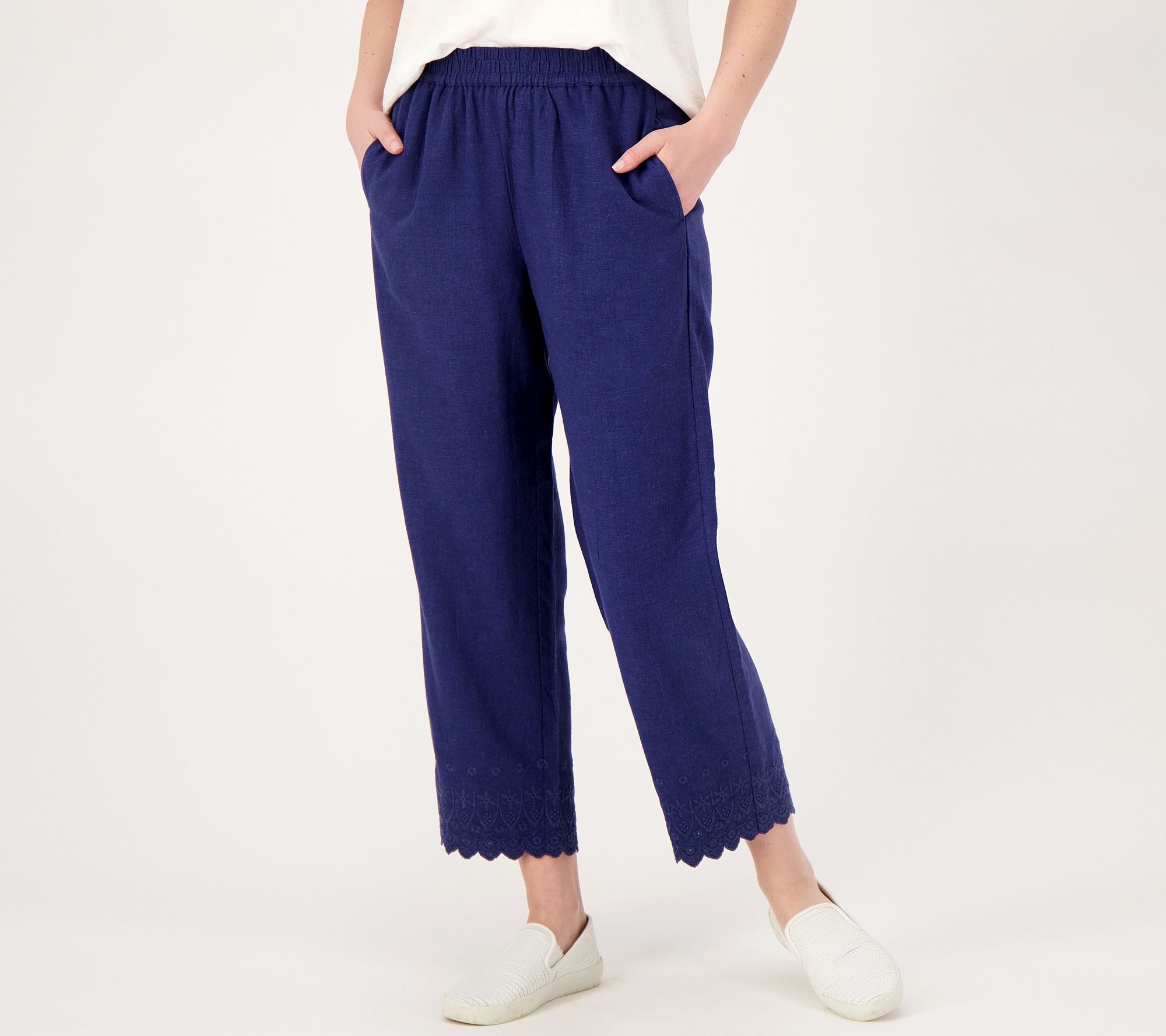 Susan Graver PURE Linen Crop Pull-On Pants with Eyelet Embroidered