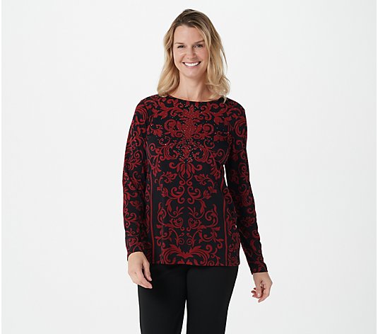 Susan Graver Printed Liquid Knit Top with Embellishments