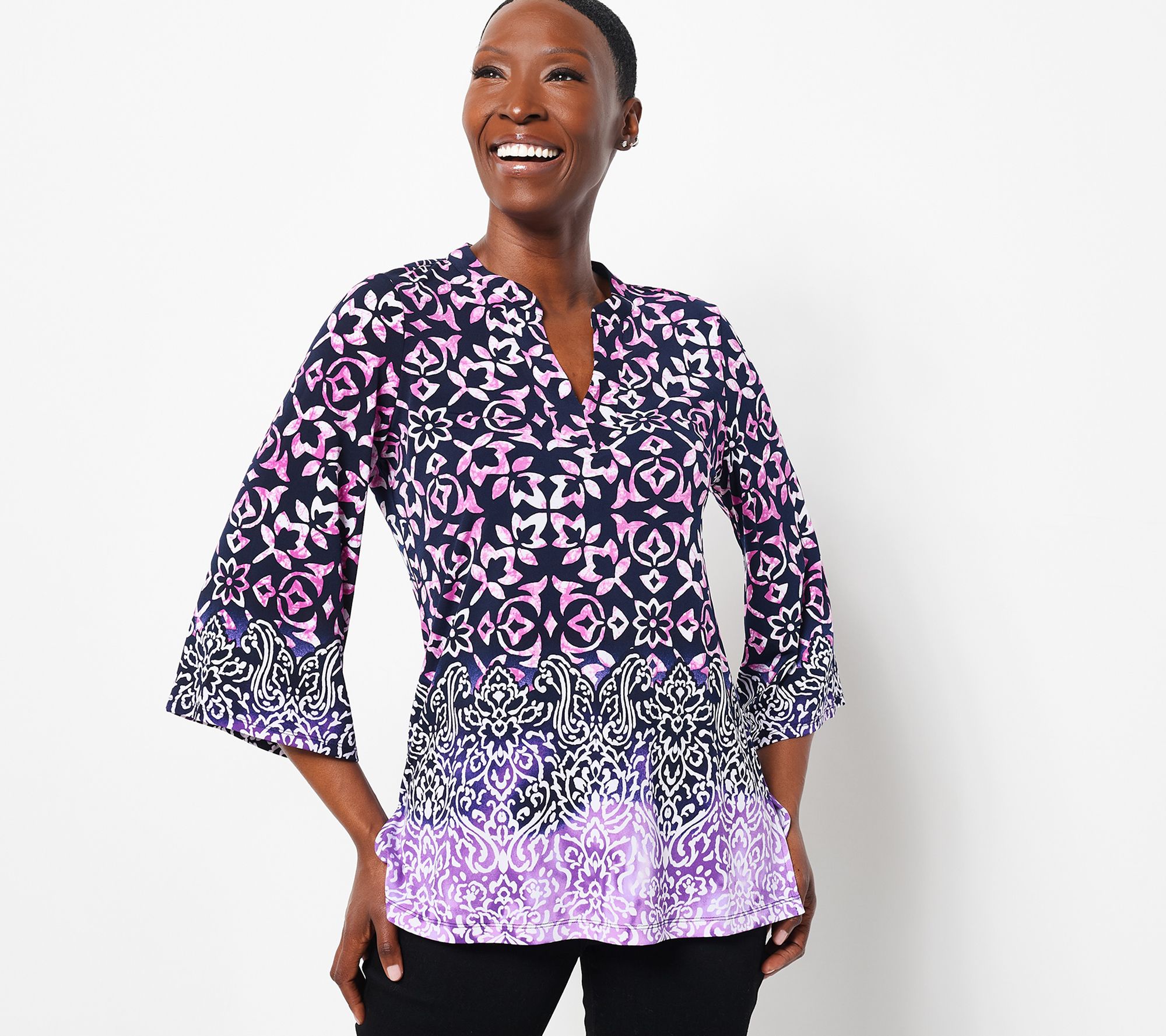 Susan Graver Petite Printed Liquid Knit Split-Neck Tunic