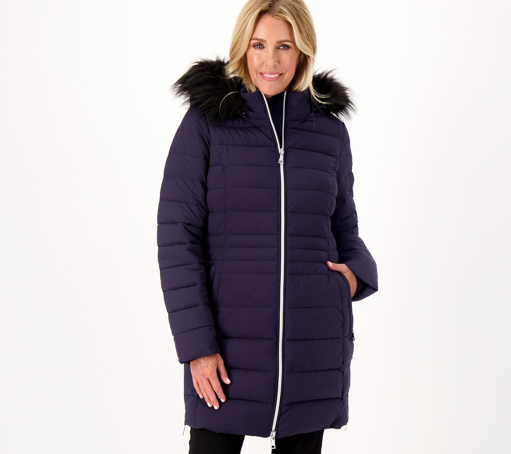 Nuage Petite Stretch Puffer Coat w Removable Faux Fur Trim Hood QVC