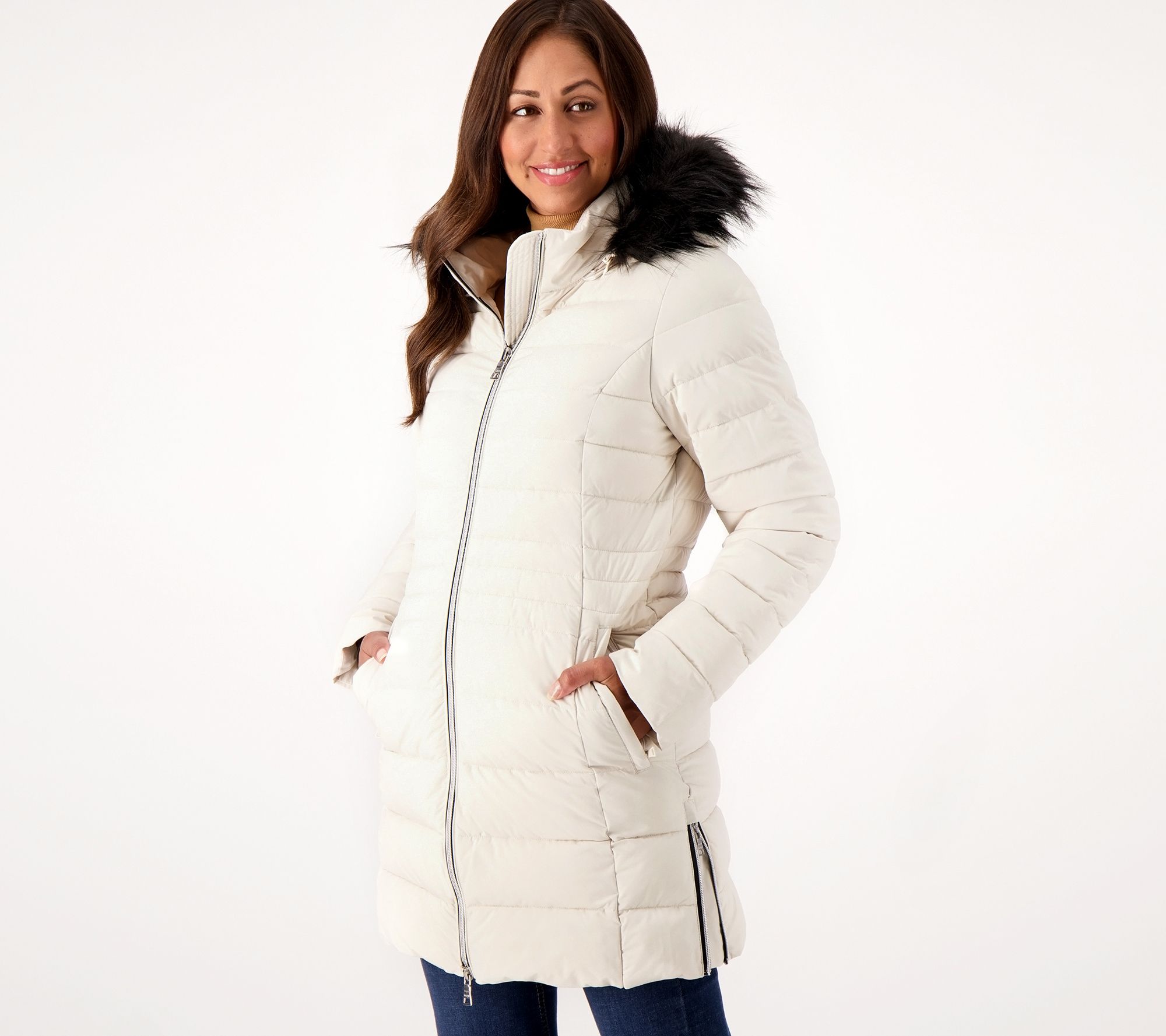 Nuage Petite Stretch Puffer Coat w/ Removable Faux Fur Trim Hood