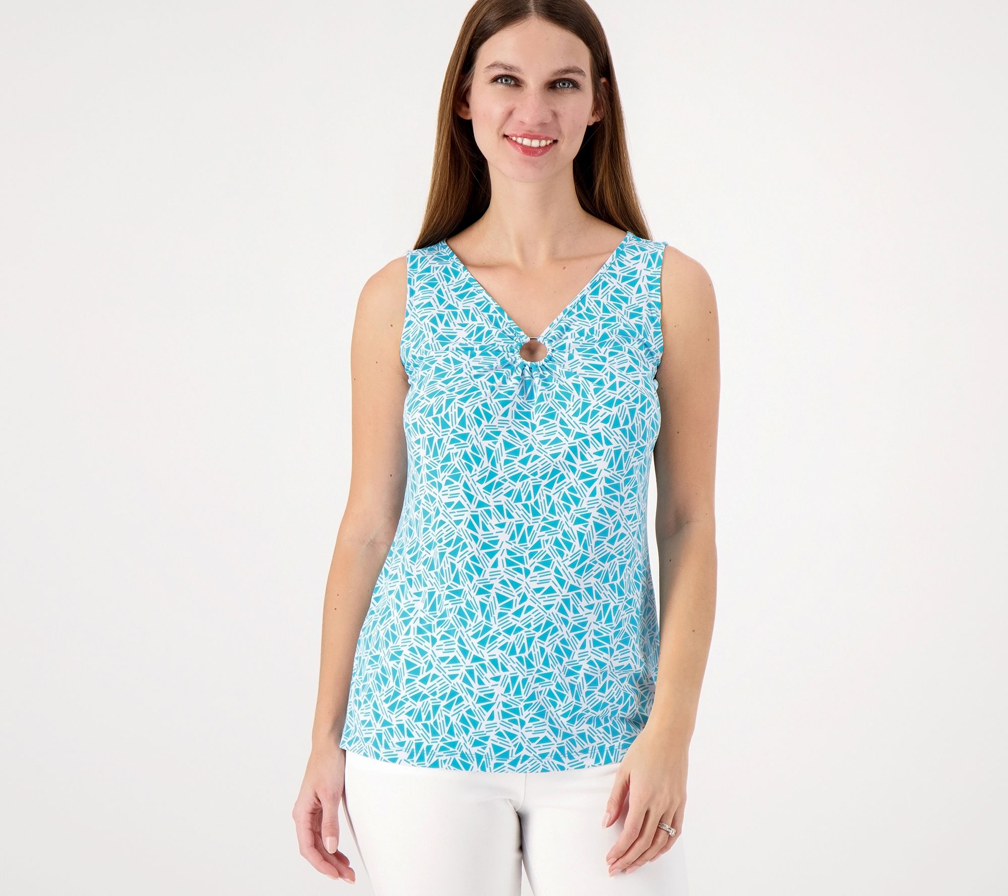 Susan Graver Printed Liquid Knit Sleeveless Top with Ring Detail