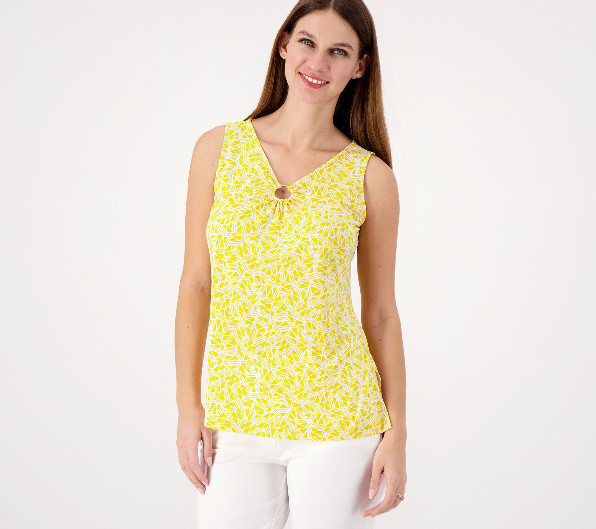 Susan Graver Printed Liquid Knit Sleeveless Top with Ring Detail